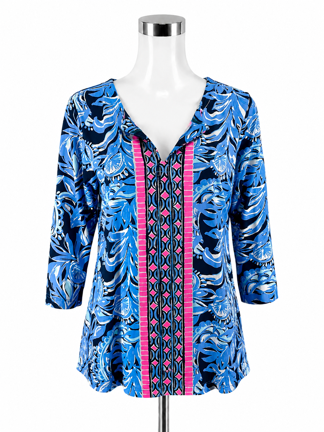 Lilly Pulitzer Willa Tunic Top Print V-Neck Blue Pink Pre-Owned Size L - Downstairs