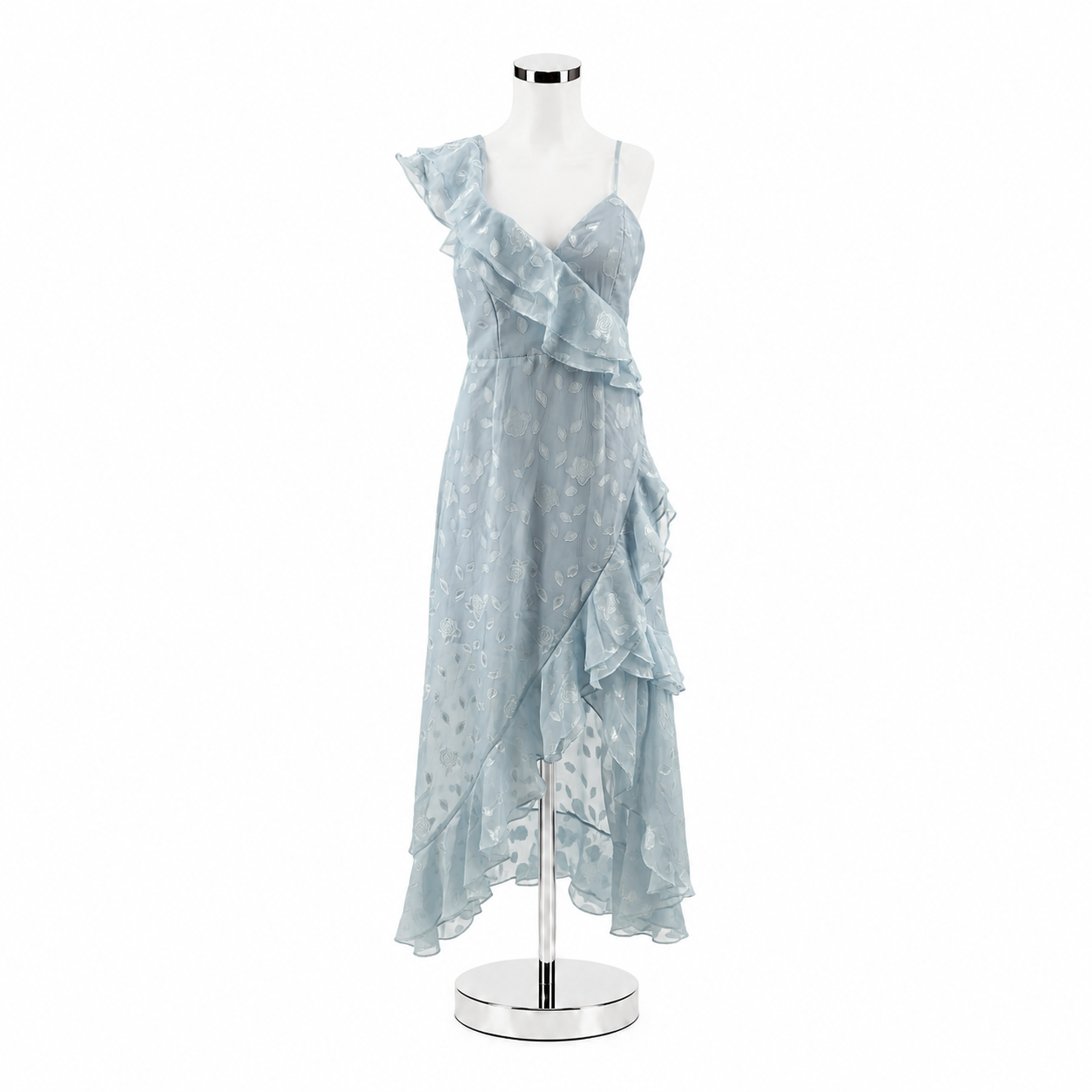 lulus blue ruffle dress Dreamy Date Light Floral Ruffled Midi End Use 2:Daywear Airy woven chiffon creates Floral Dressed Up Dusty Size:12 AUS