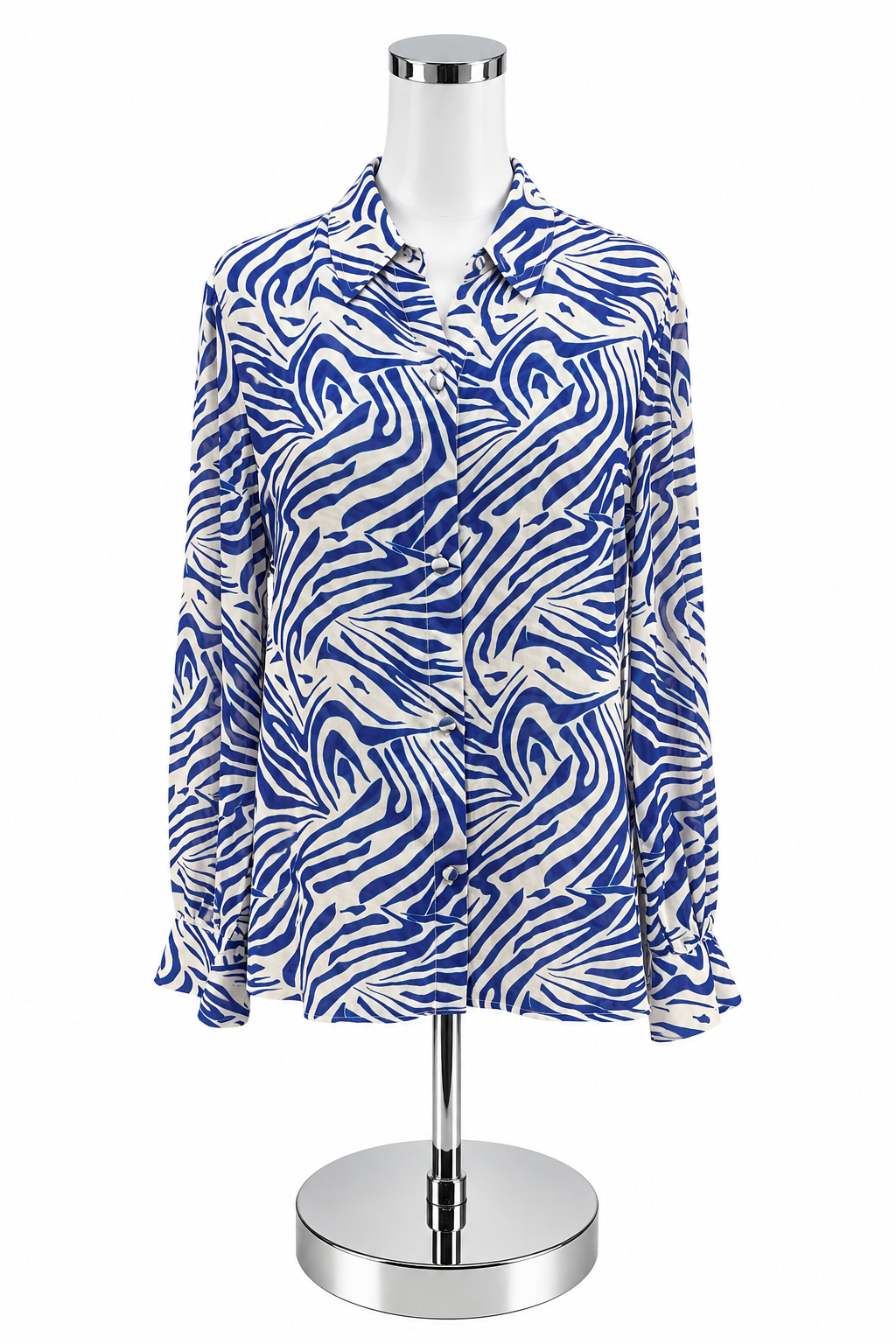 Karina Grimaldi Zebra Print Silk Blend Blouse XS Blue White Button Down Top - ONLINE ONLY