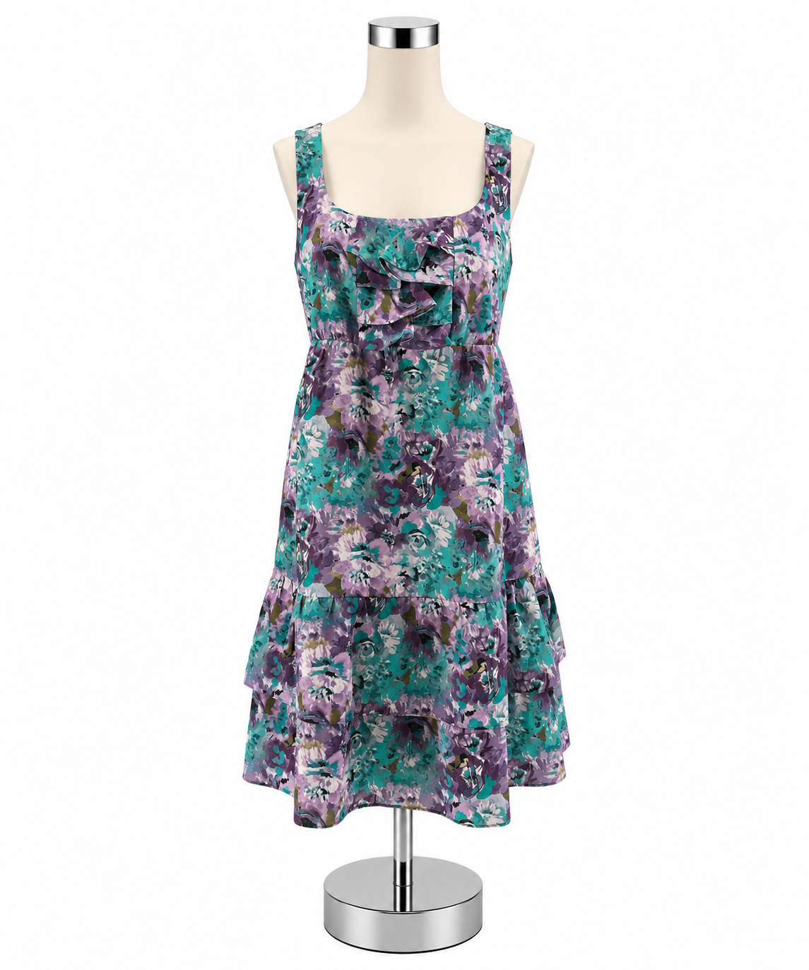 LOFT Ann Taylor Floral Tiered Ruffle Mini Dress Size 8 Teal Purple - ONLINE ONLY