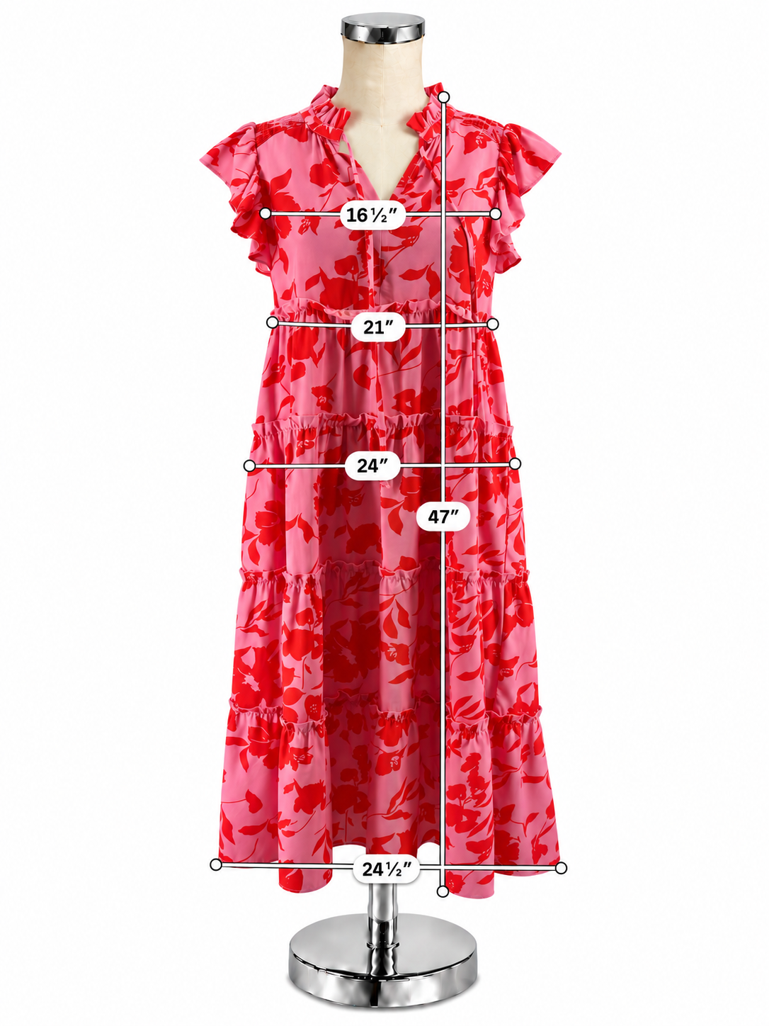 Umgee Pink & Red Floral Ruffle Sleeve Tiered Boho Midi Dress Size Medium - ONLINE ONLY