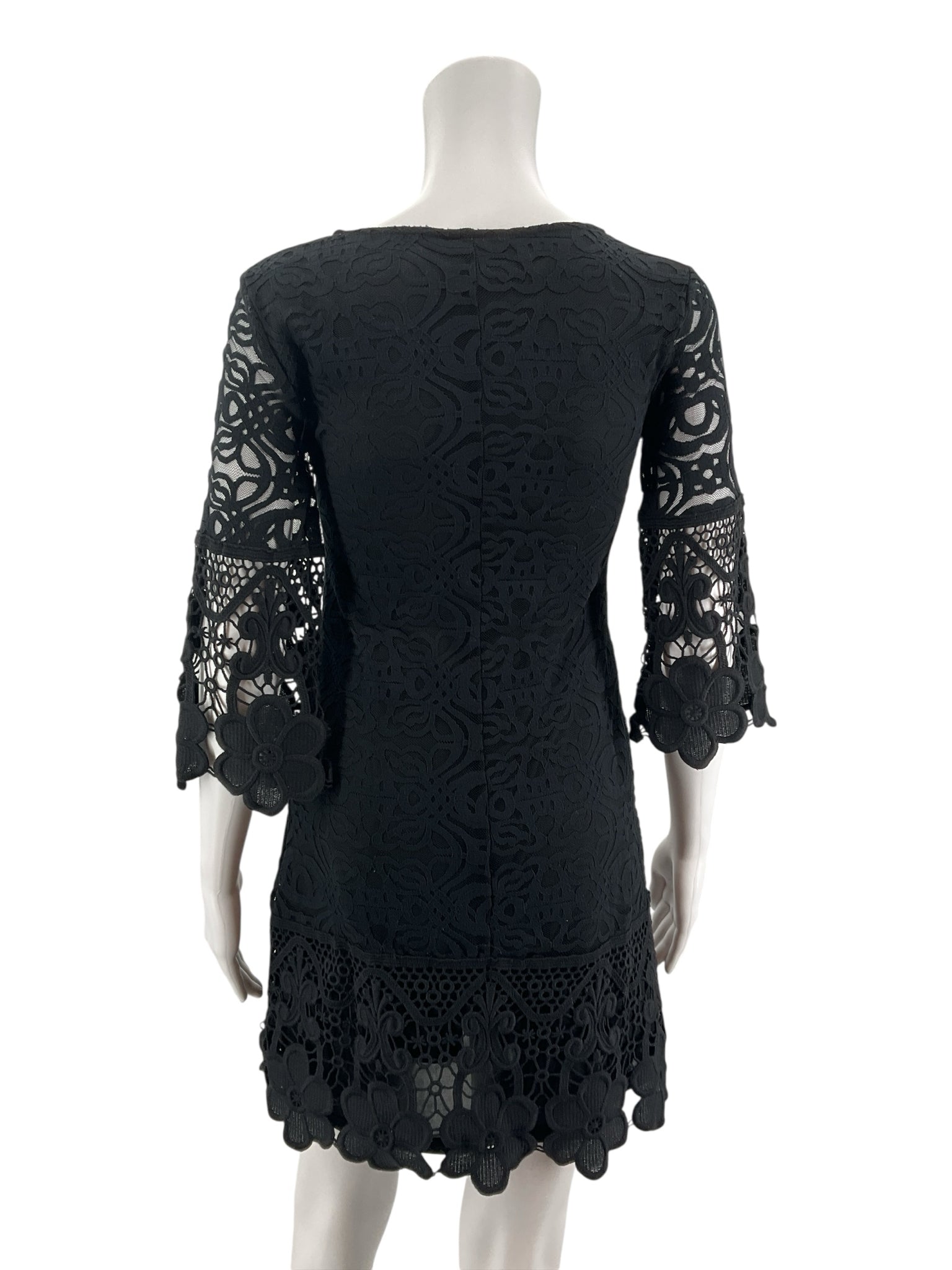 Alfani Petite Black Crochet Lace Bell Sleeve Tiered Mini Dress PP