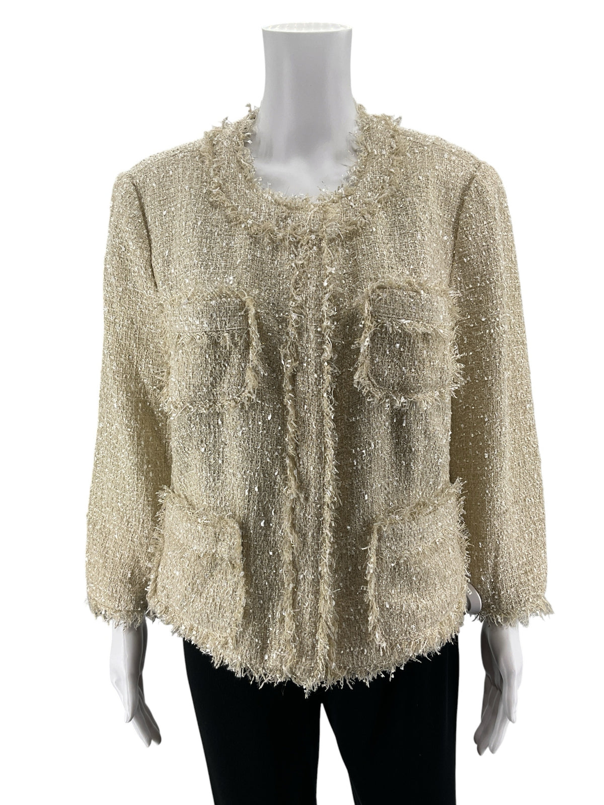 MICHAEL Michael Kors Fringe-Trim Metallic Tweed Jacket Cream Size 14 NWT