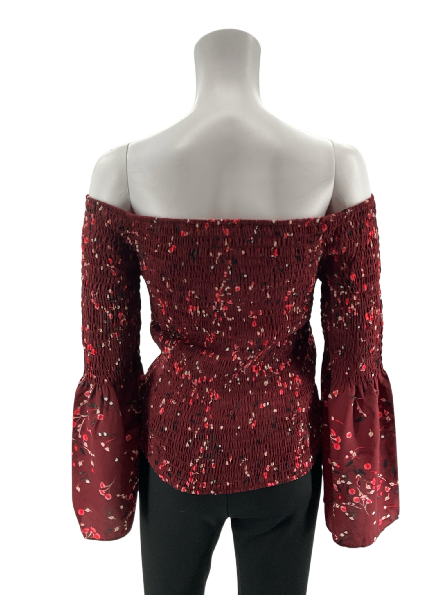 Express Floral Smocked Off The Shoulder Top Burgundy Blouse Size Medium