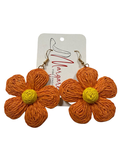 Margaux Orange Raffia Woven Flower Statement Earrings Boho Chic