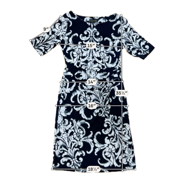 Connected Apparel Margaret Ruched Sheath Dress Navy Baroque Print Size 8