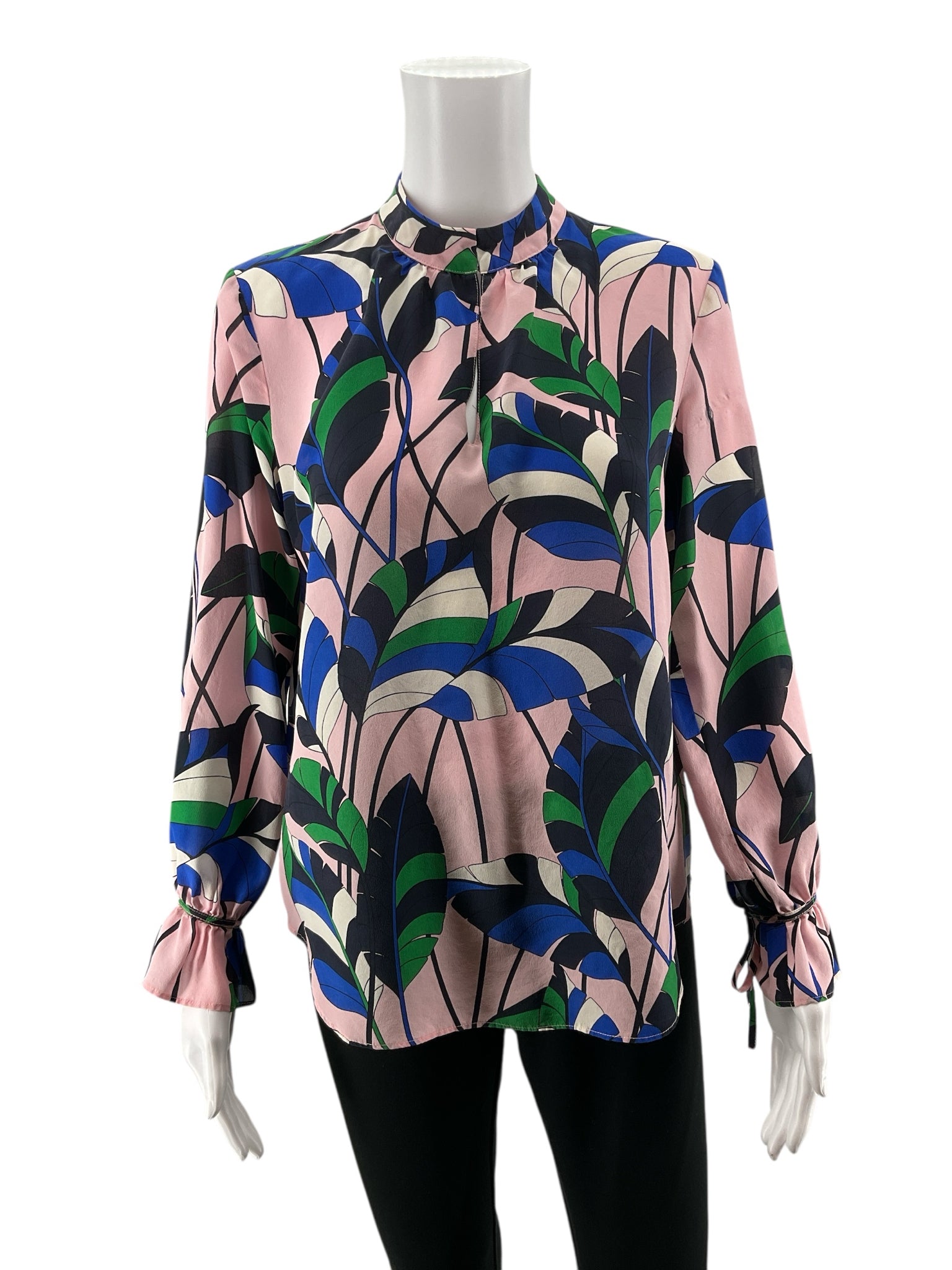 Ann Taylor pink/blue/green Long Sleeve Leaf Print 100% Silk Tie Cuff Blouse Pink Green Blue Size Small - Size S
