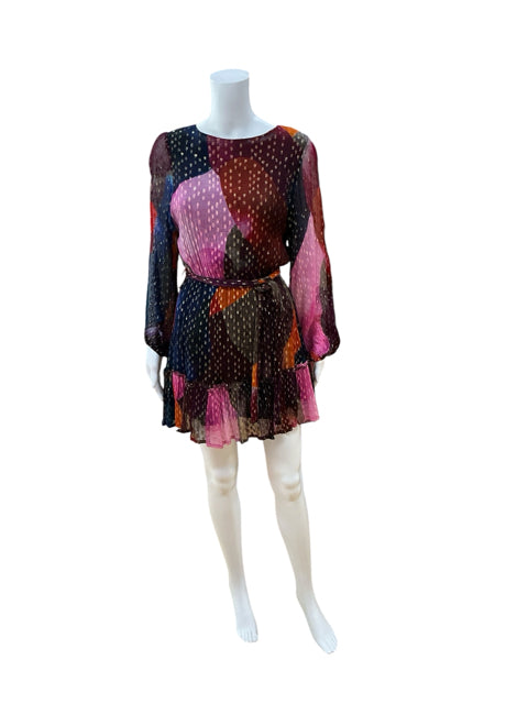 Oliphant Ella Ruffle Tiered Mini Dress XS Abstract Gold Foil Print Bishop Sleeve