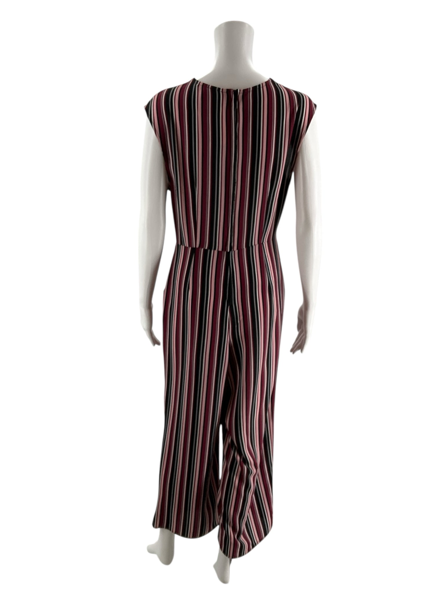 Speechless purple and black striped cropped wide leg jumpsuit with surplice design, size large for ladies.