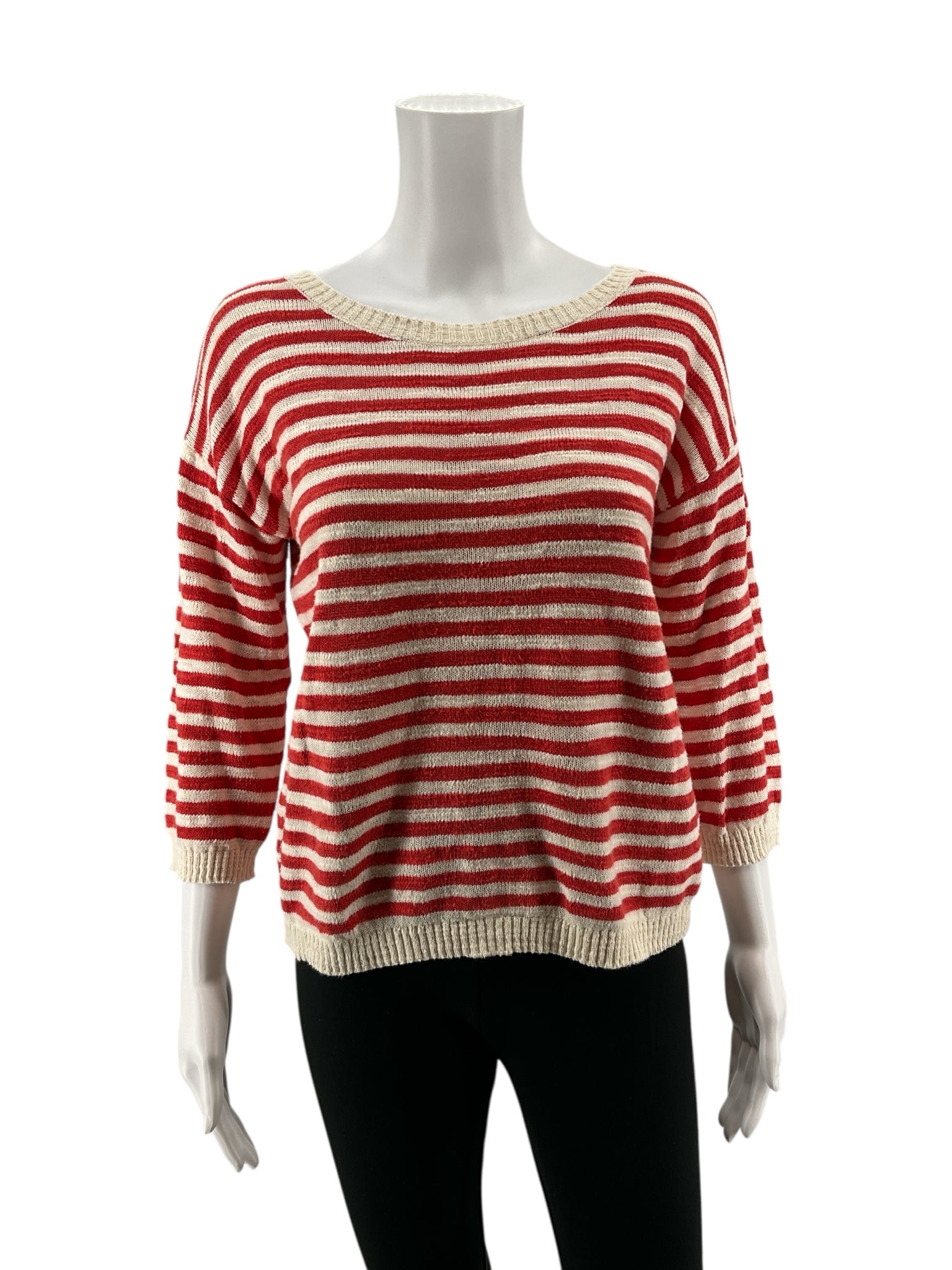 Seasalt Cornwall red/white 3/4 Sleeve Knavock Jumper Organic Cotton Linen Breton Stripe Sweater US 4 - Size 4