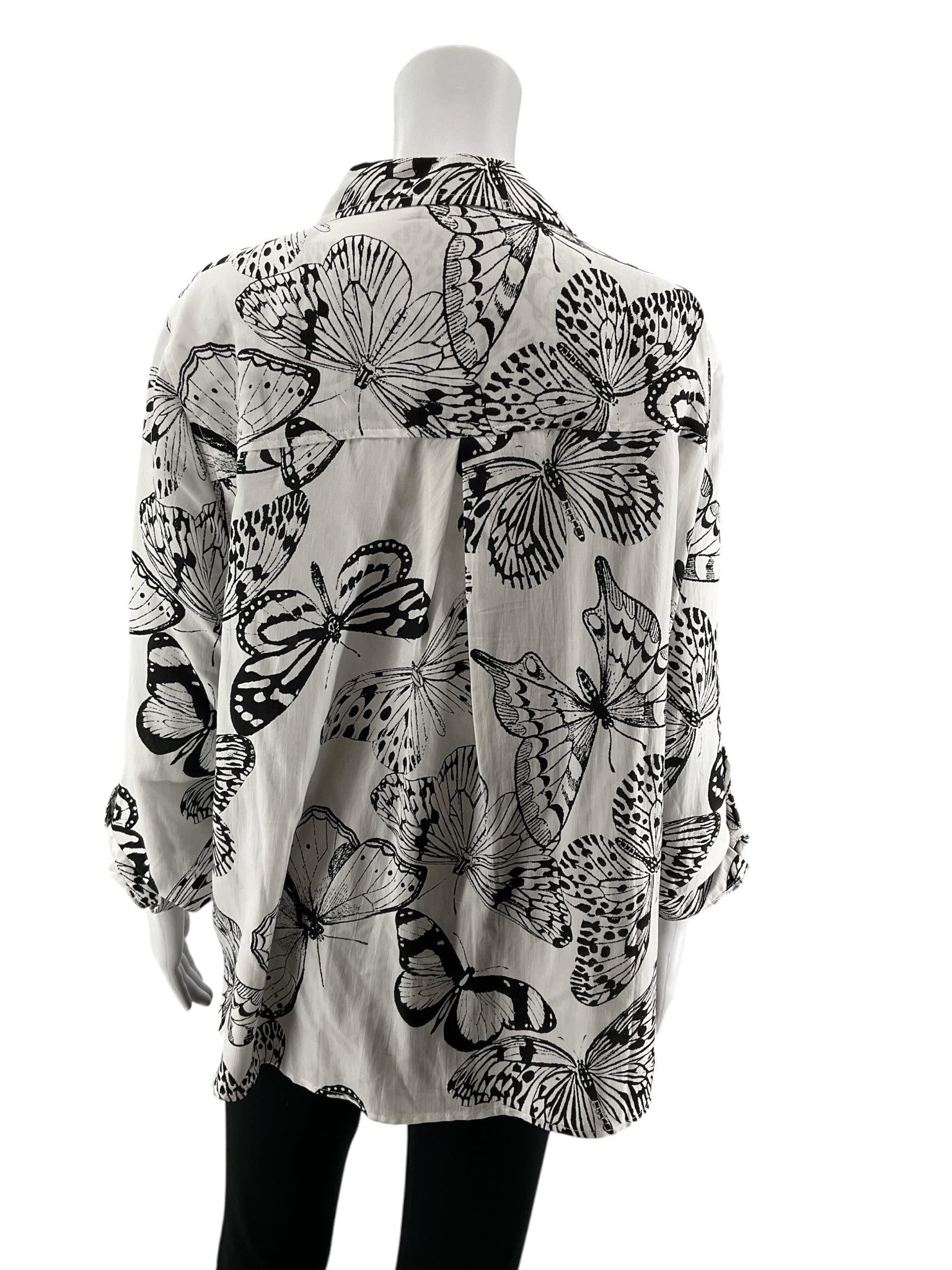 Jane & Delancey Butterfly Print Button Down Roll-Tab Blouse Size XL