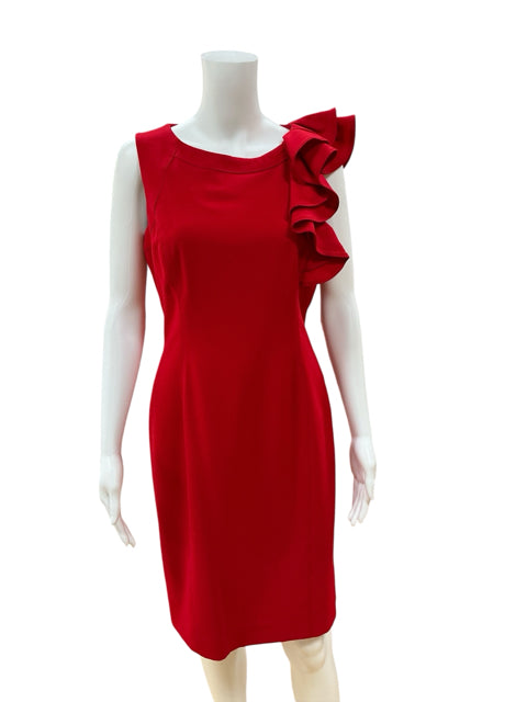 Calvin Klein Red Asymmetrical Ruffle Sheath Dress Size 6