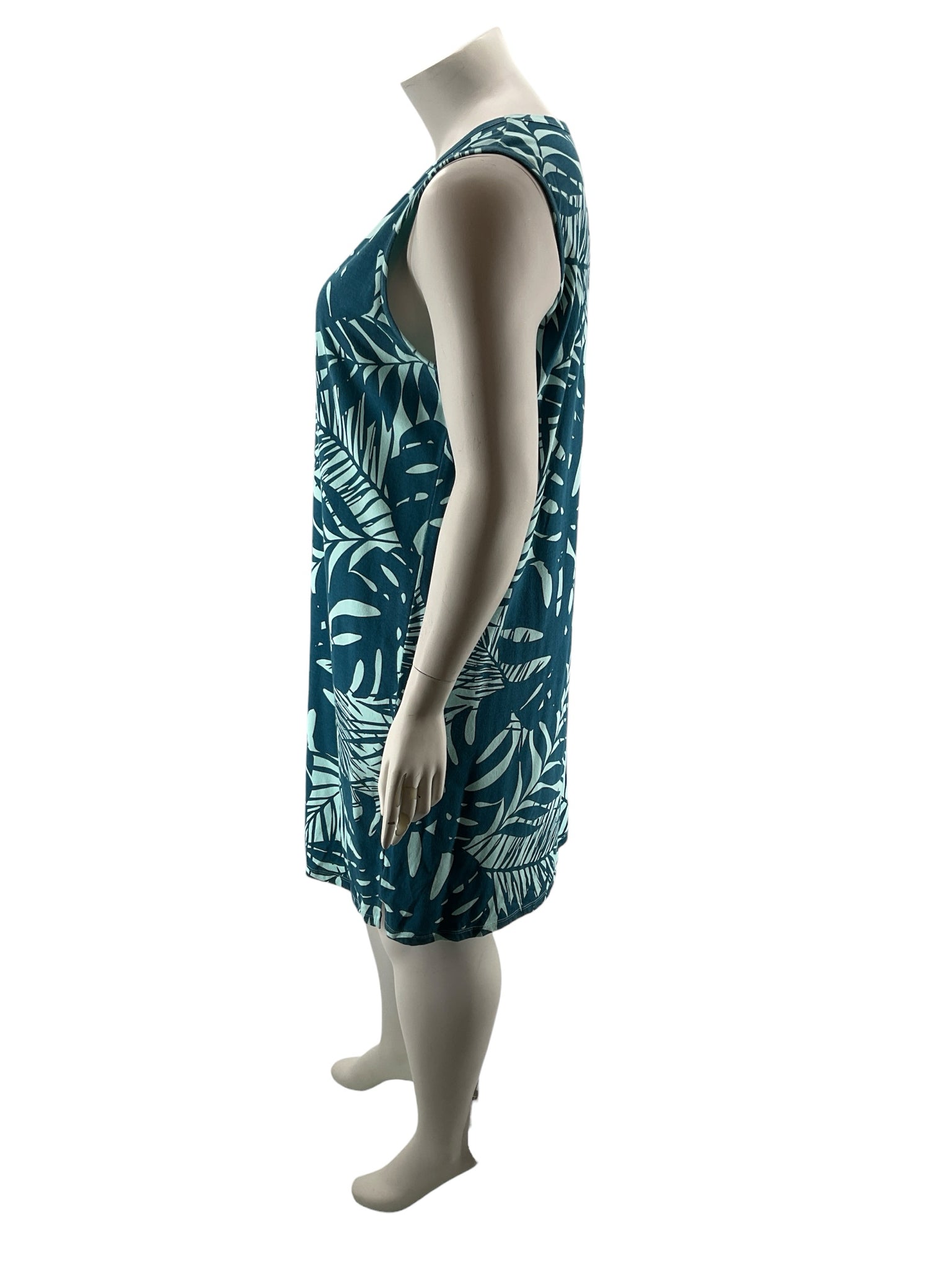Natural Reflections Tropical Leaf Print Tunic Dress Teal Cotton Blend XXL