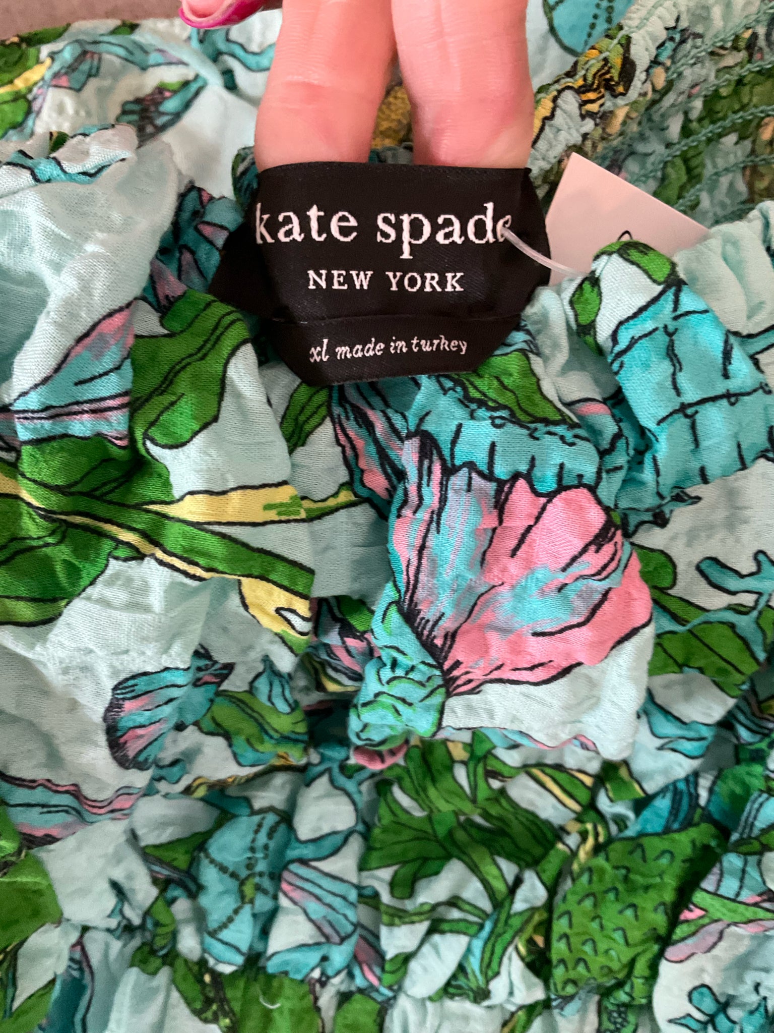 Kate Spade New York aqua/green/yellow Maxi, Sundress, A-Line, Tiered, Smocked, Resort Sea Wonder Fish Print Smocked Maxi Dress Size XL - Size XL