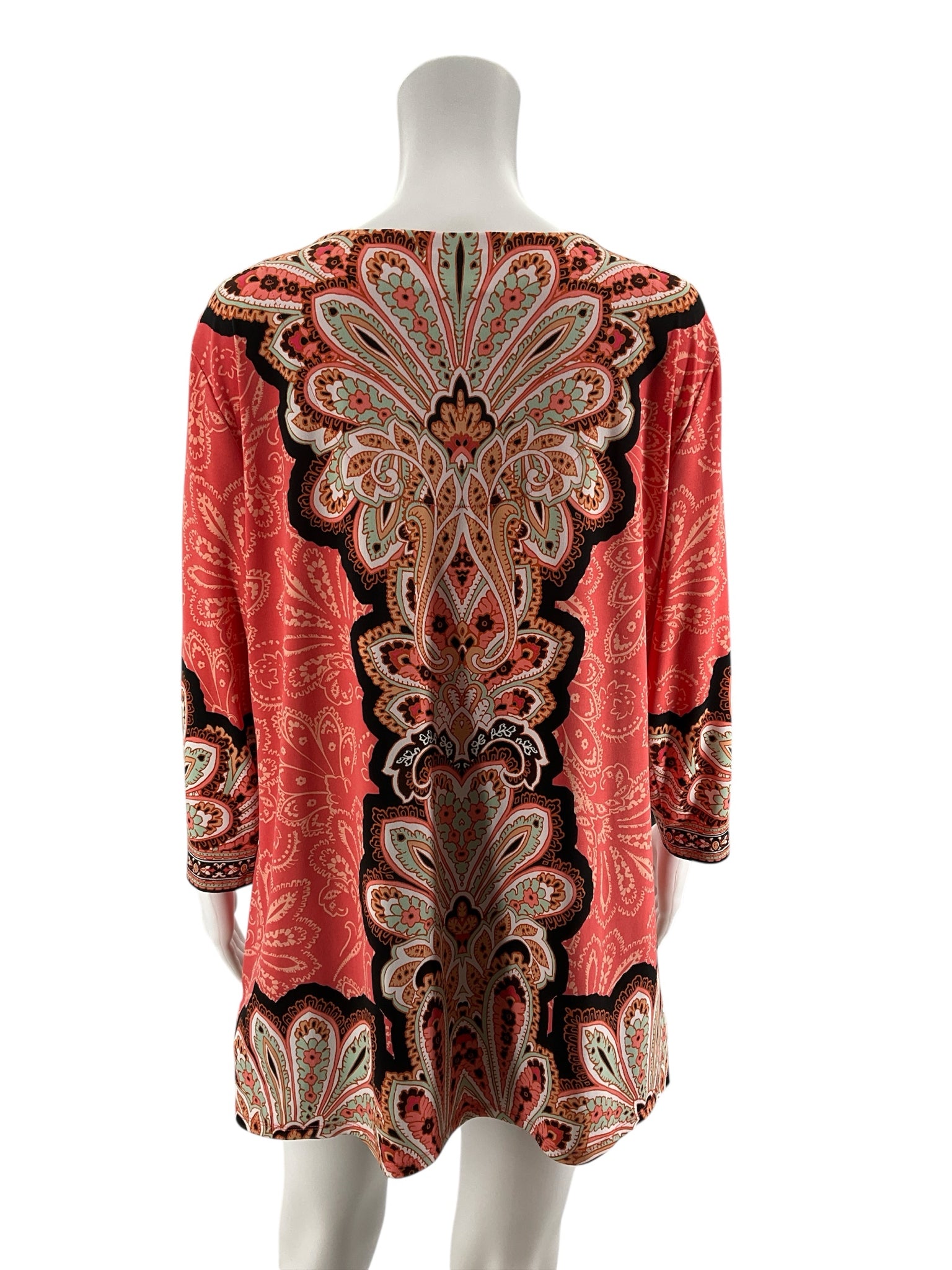 JM Collection Paisley Border Print Tunic Top XL Orange Multi V-Neck 3/4 Sleeve