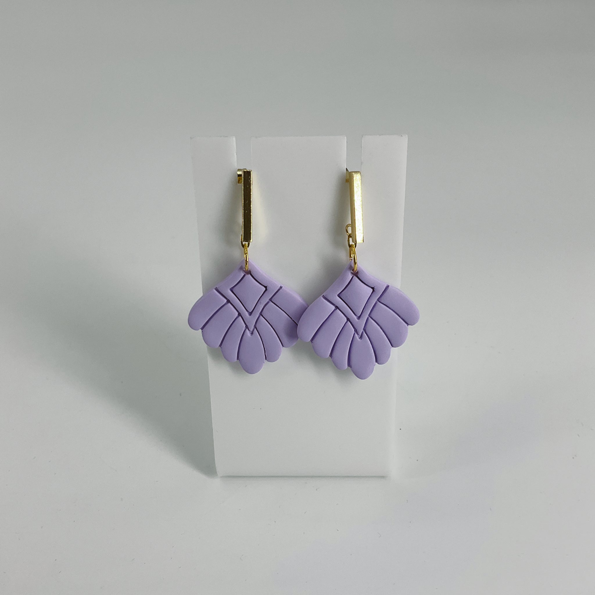 Handmade Lavender Polymer Clay Geometric Fan Earrings with Gold Bar Studs