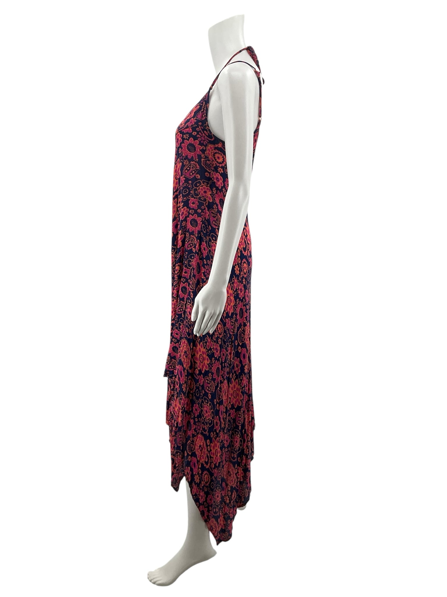 YM & Co. Navy & Pink Floral Handkerchief Hem Halter Maxi Dress Size Small