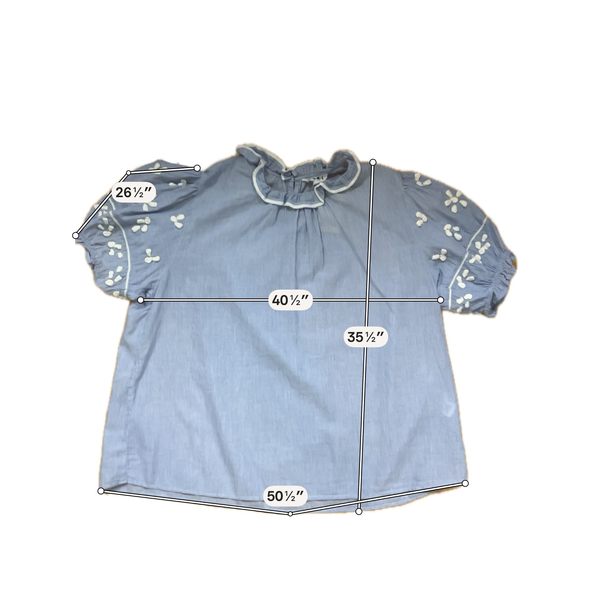 THML white/blue Short Sleeve Ruffle Neck Embroidered Pinstripe Top Blue White Cotton XL - Size XL