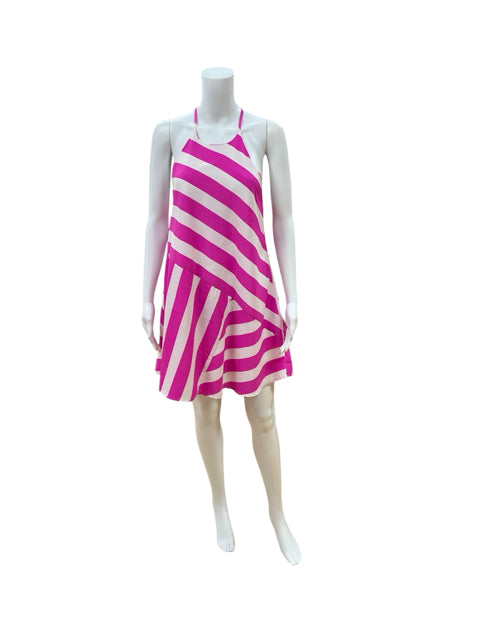 Southern Frock Fuchsia & White Diagonal Stripe Halter Mini Dress | Size XS