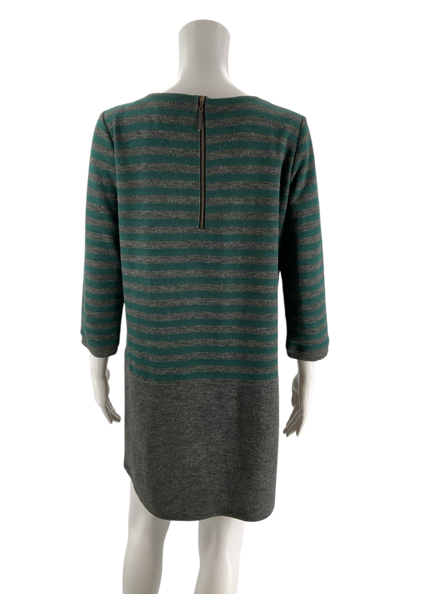 Loft pre-owned ladies dress in green and gray stripes, size medium, featuring a stylish, comfortable design.
