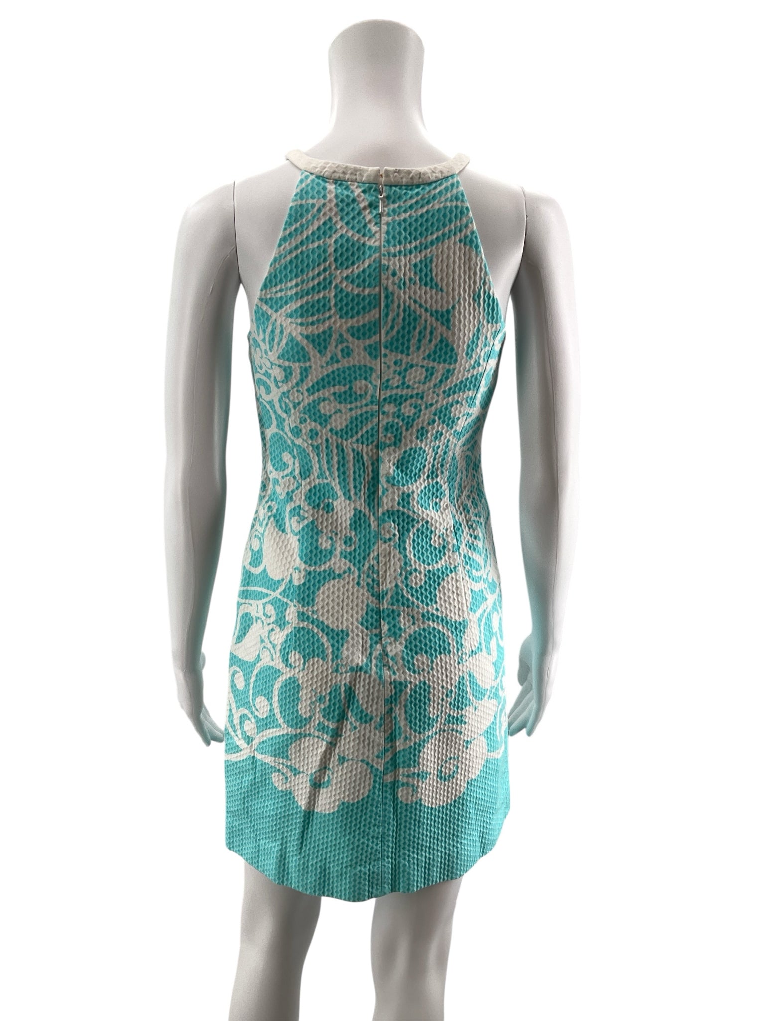 Lilly Pulitzer Kristen Dress Aqua & White Jacquard Leaf Cutout Shift Size 0