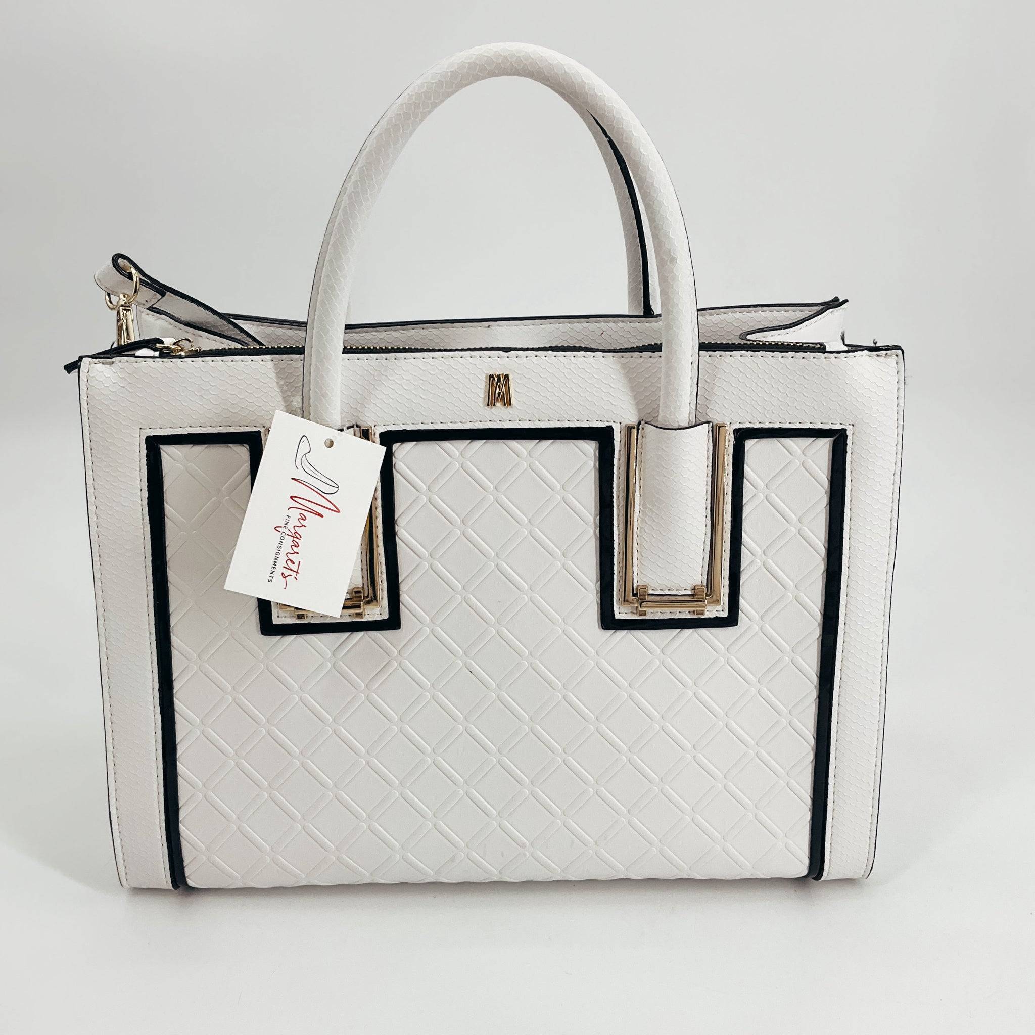 Antonio Melani Tote Bag - Textured White with black trim and gold accents, featuring dual handles and quilted front panel. Stylish and spacious purse.