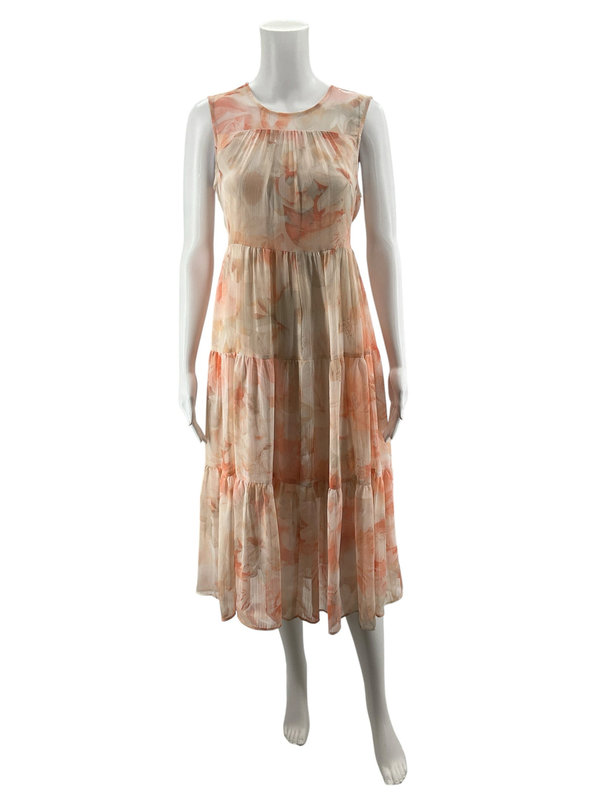 Calvin Klein Peach Floral Tiered Chiffon Midi Dress | Size 4 - ONLINE ONLY