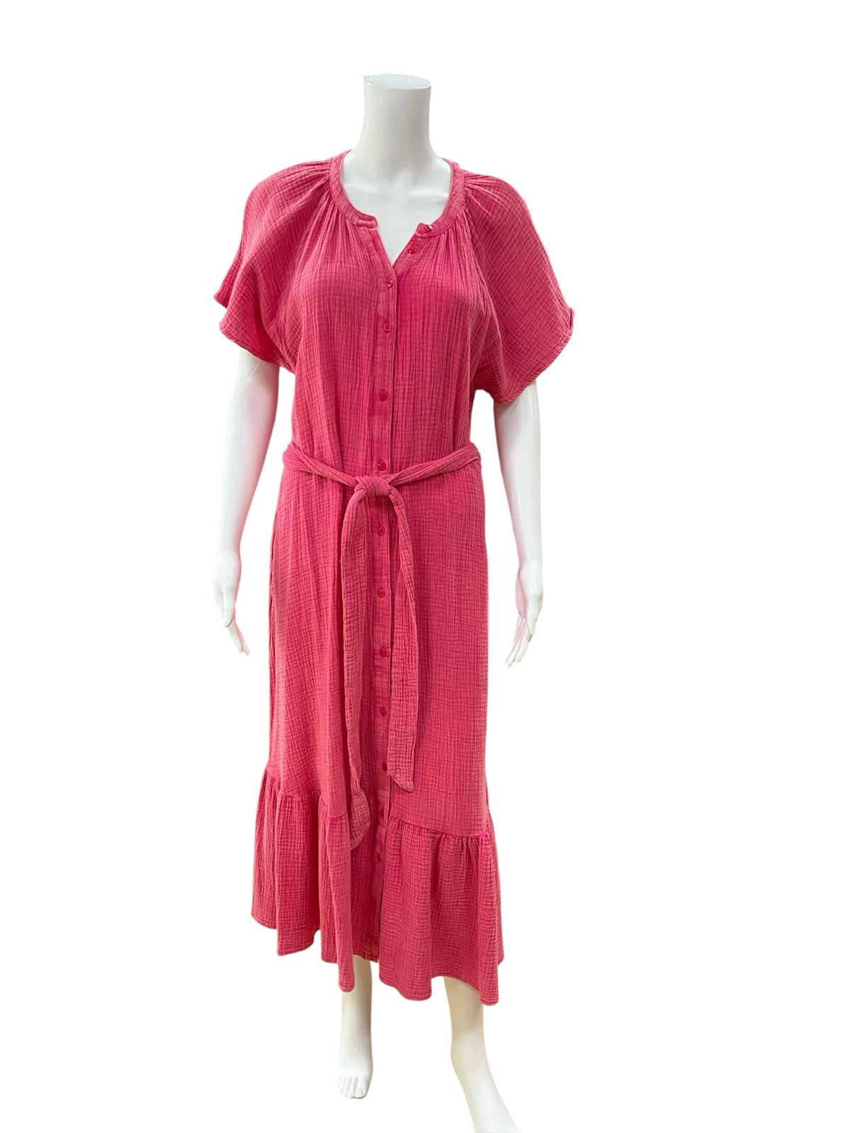 Umgee Pink Cotton Gauze Tiered Button-Front Boho Midi Dress Size Medium - ONLINE ONLY