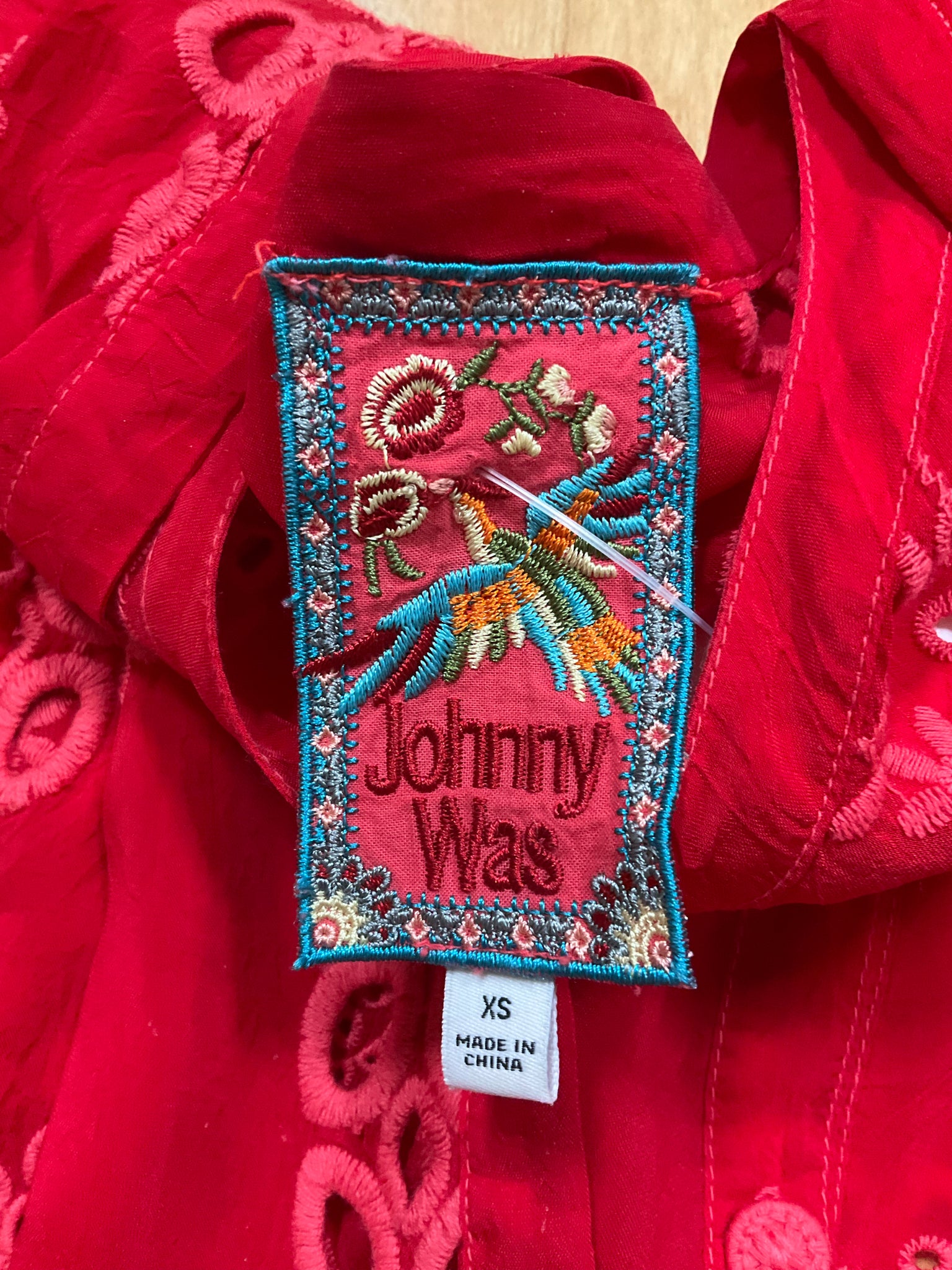 Johnny Was Tivva Red Eyelet Bohemian Tunic Top Size XS