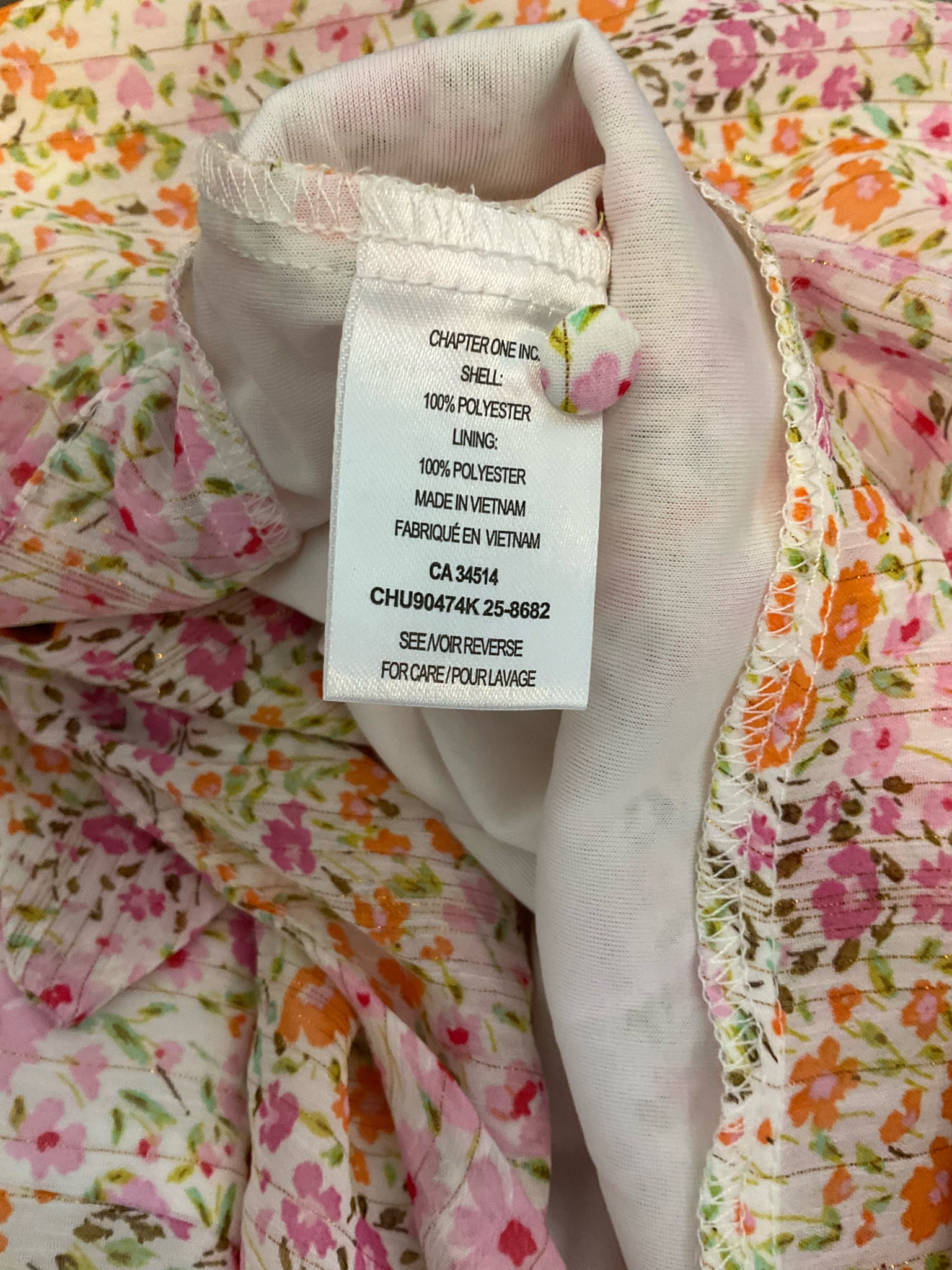Tamara H. by Tahari white/pink/orange/green/gold Short Sleeve Petite Floral Tie-Front Puff Sleeve Blouse Gold Thread XS - Size XS