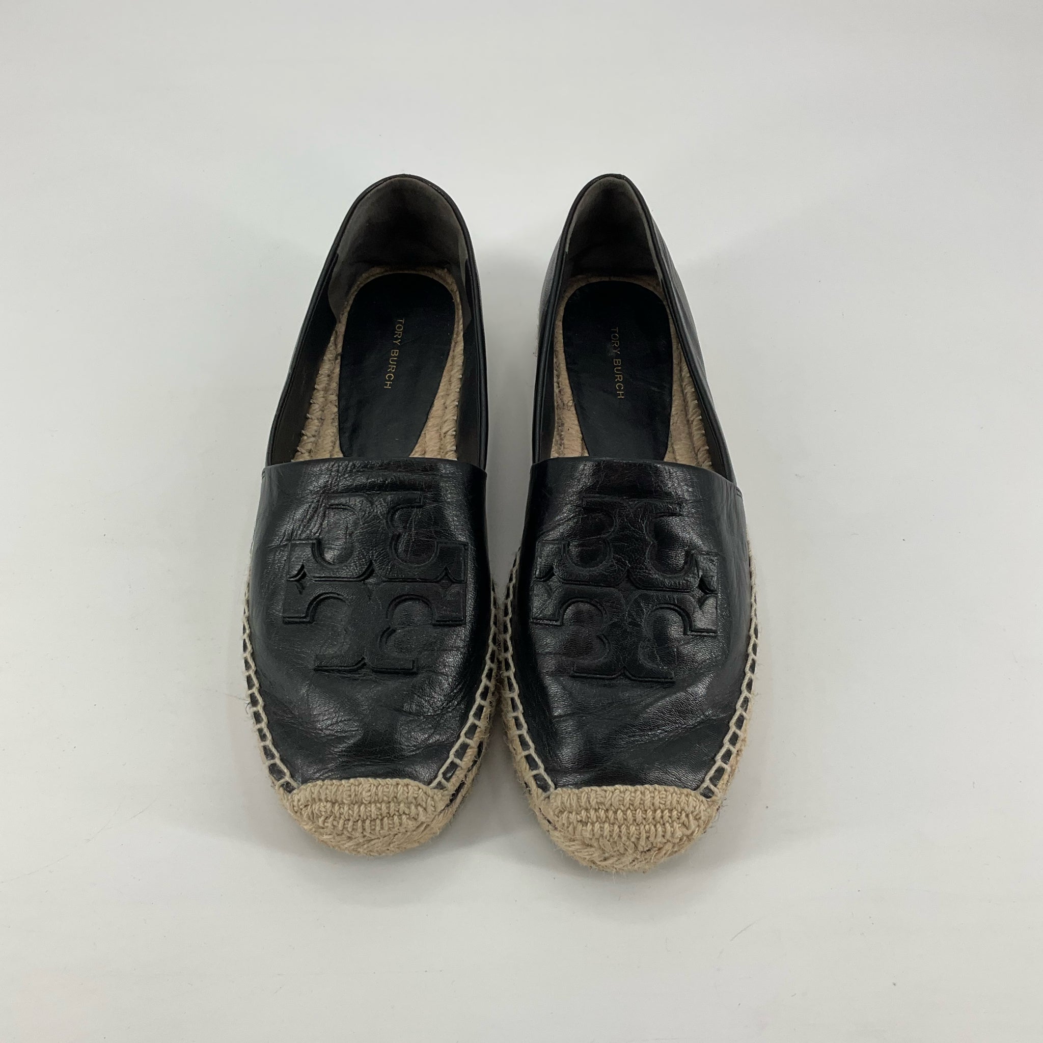 Tory Burch Ines Black Leather Double T Logo Espadrille Flats Size 9