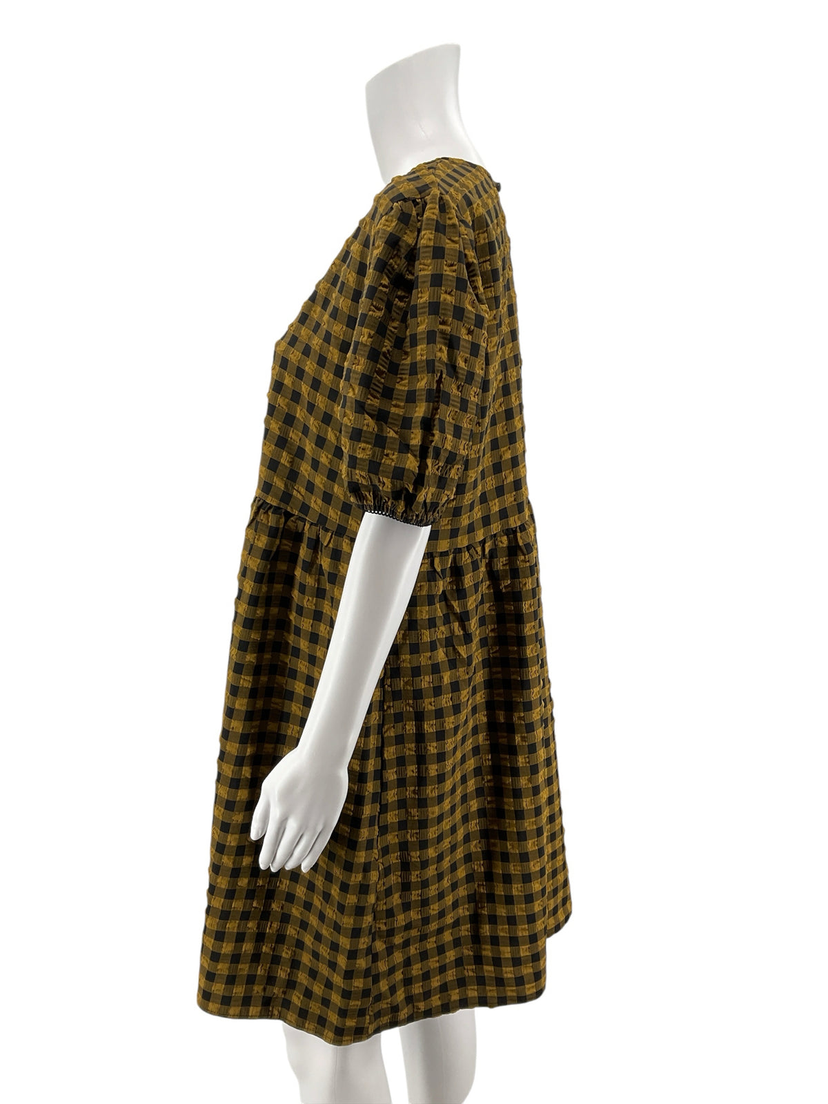 Wild & Fable Mustard & Black Checkered Puff Sleeve Tiered Mini Dress | Size Large