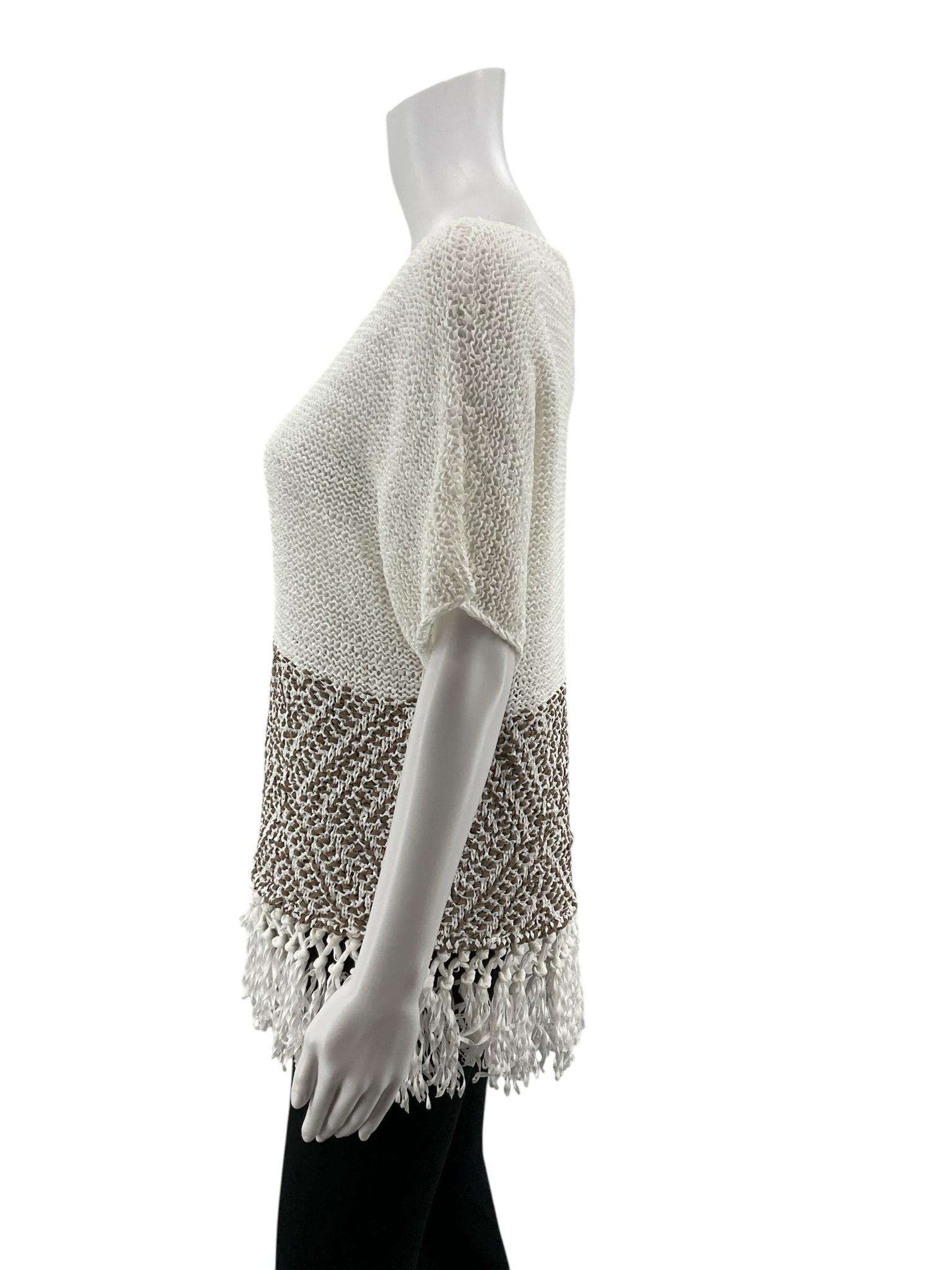 Fabiana Filippi white/brown Short Sleeve Rhodes Fringe Crochet Top NWT Size Small White & Brown Italian Cotton-Blend - Size S