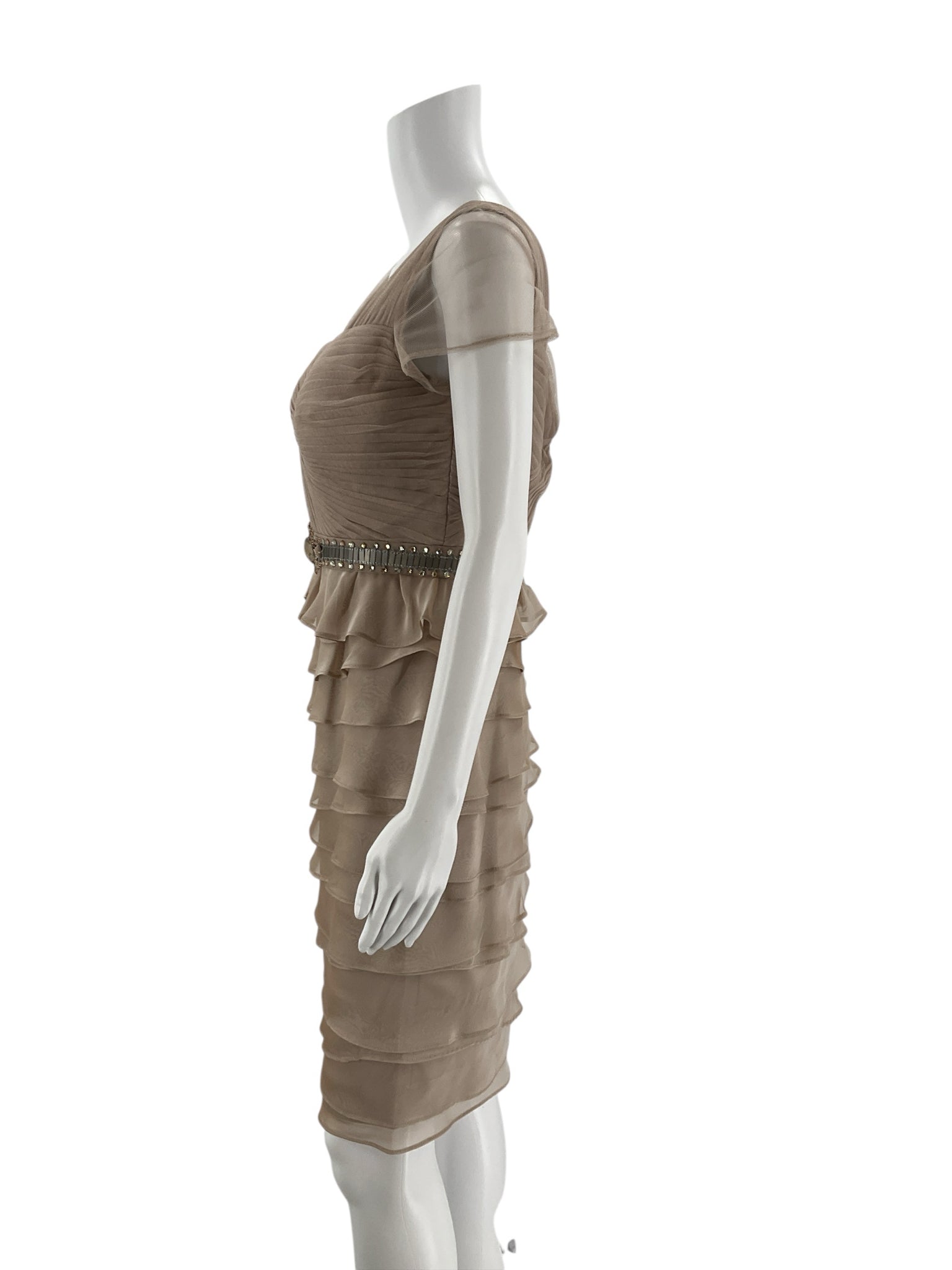 Adrianna Papell taupe ladies dress with ruffles, pre-owned, size 6, displayed on a mannequin against a neutral background.