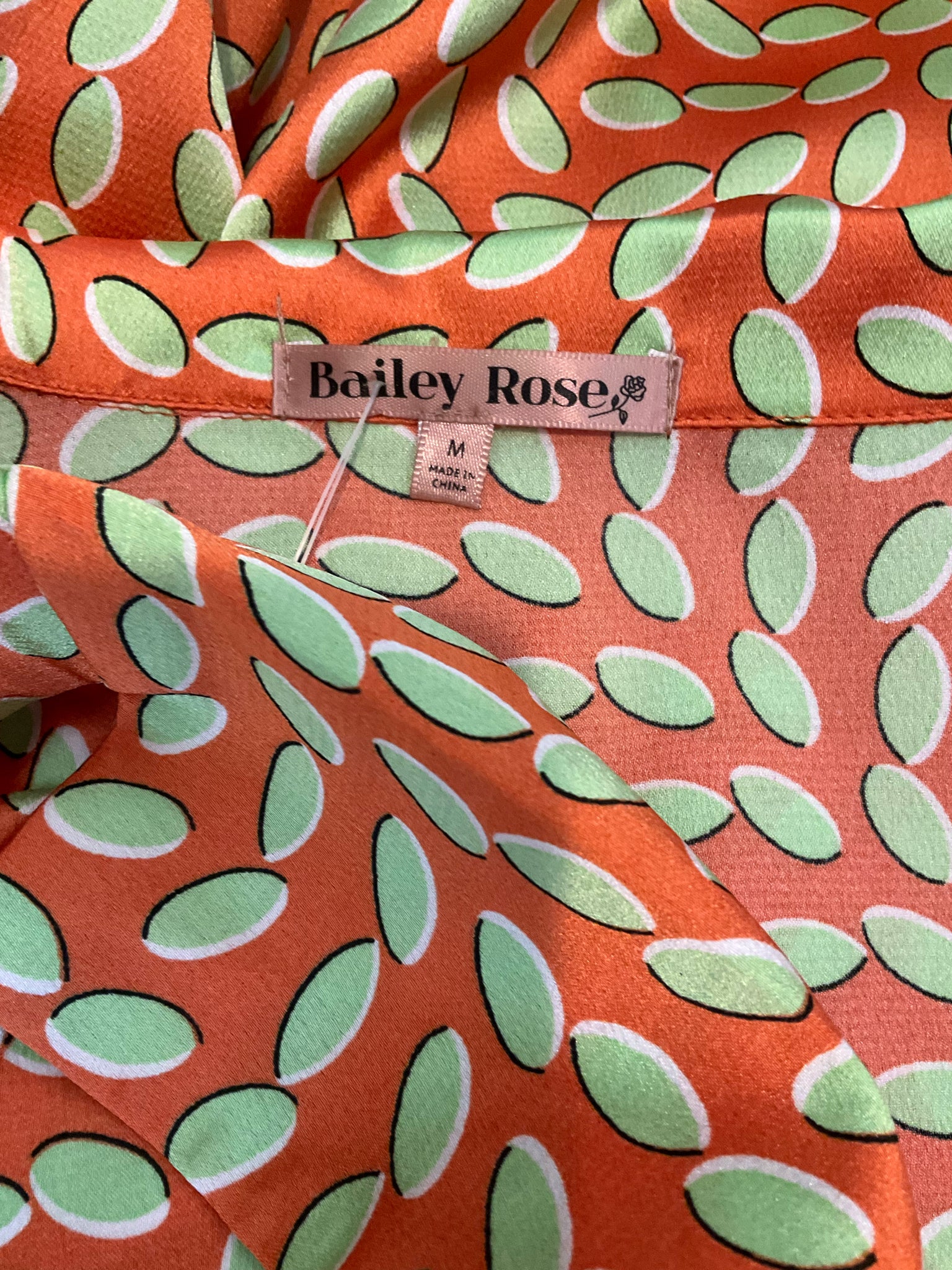 Bailey Rose Geometric Leaf Print V-Neck Blouse Orange Green Size Medium