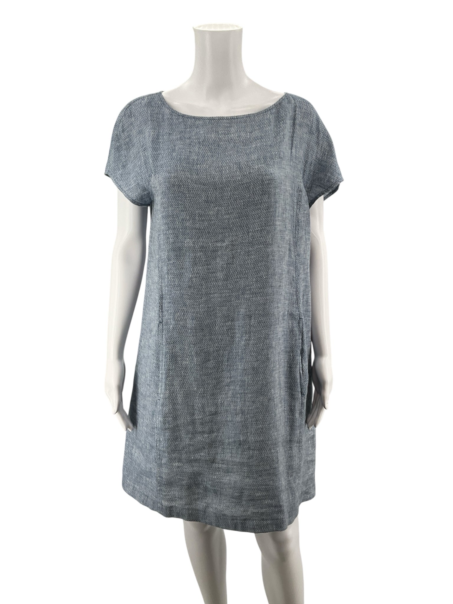 Eileen Fisher Blue Shift Organic Linen Herringbone Tunic Dress Size Small Slate Blue Pockets - Size S