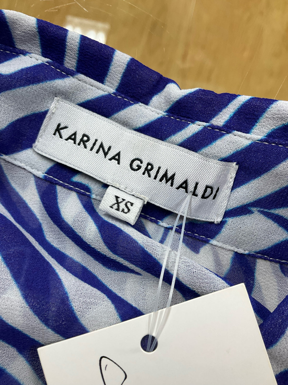 Karina Grimaldi Zebra Print Silk Blend Blouse XS Blue White Button Down Top - ONLINE ONLY