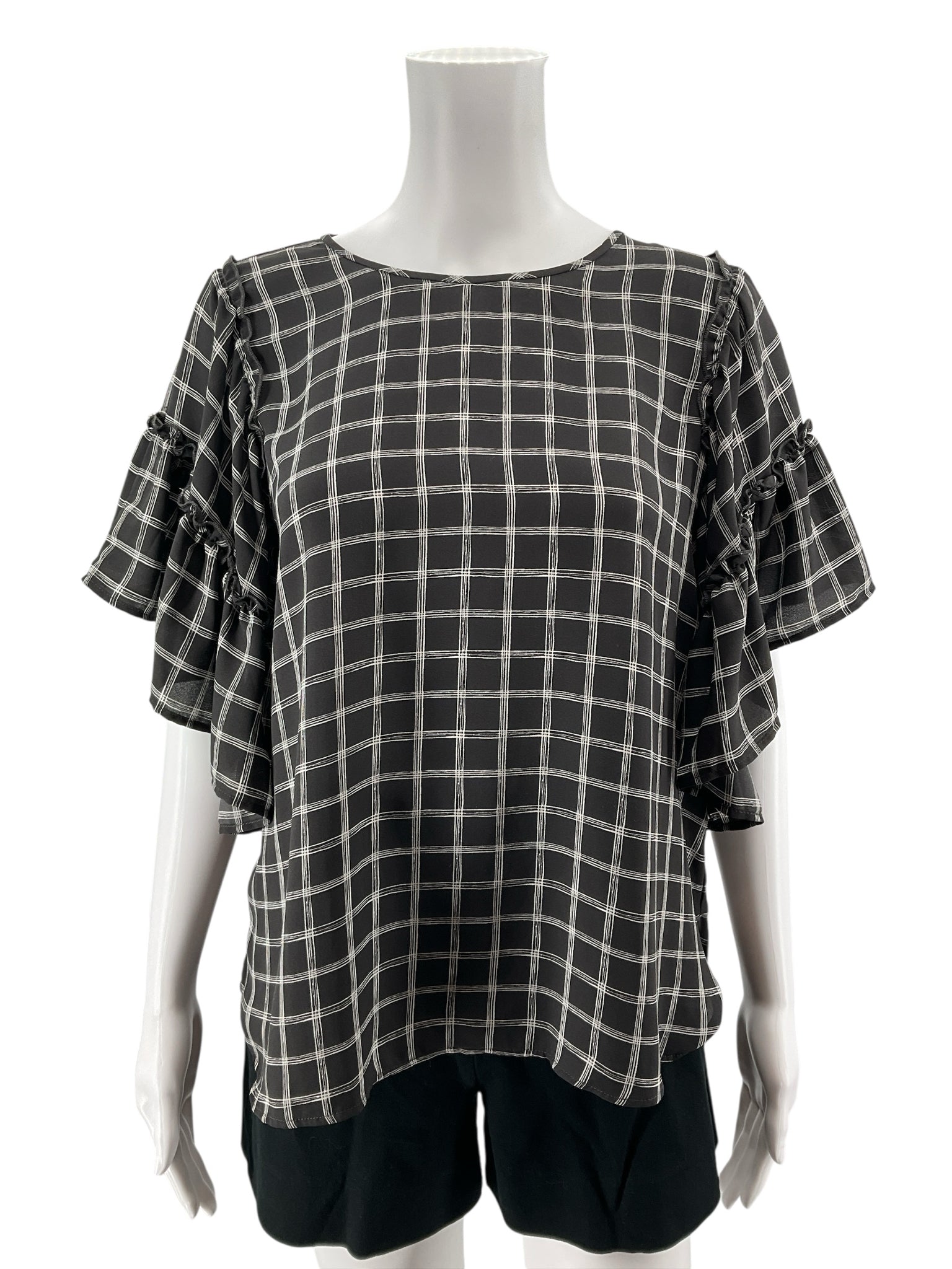LOFT Outlet Petite Gray & White Checkered Ruffle Flutter Sleeve Blouse