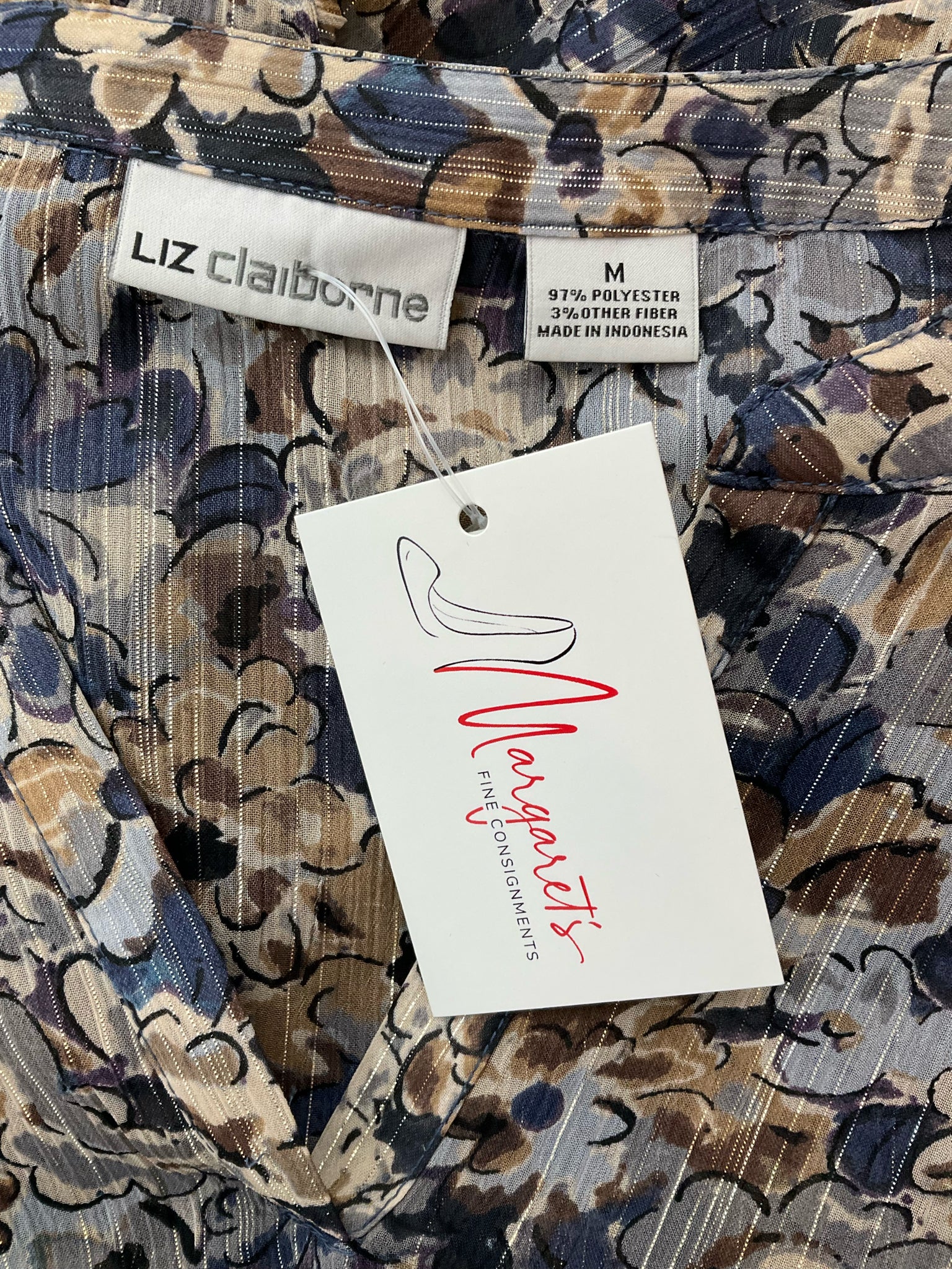 Liz Claiborne Brown/Blue Floral Pre-Owned Ladies Top - Size Medium - Margaret’s Fine Consignment