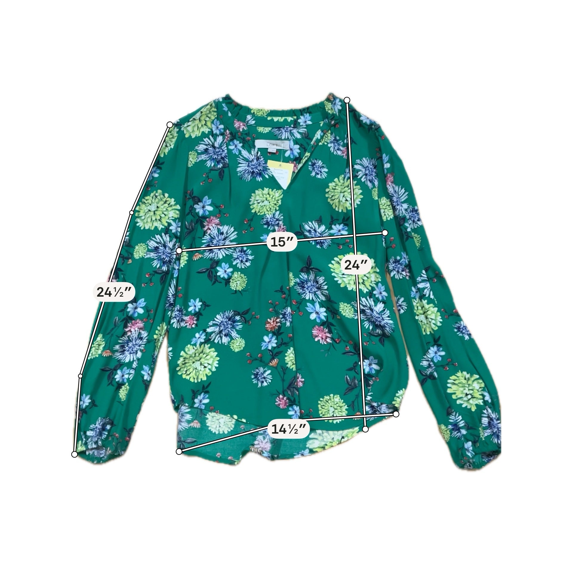 LOFT Floral Ruffle Split Neck Bishop Sleeve Blouse Green XS