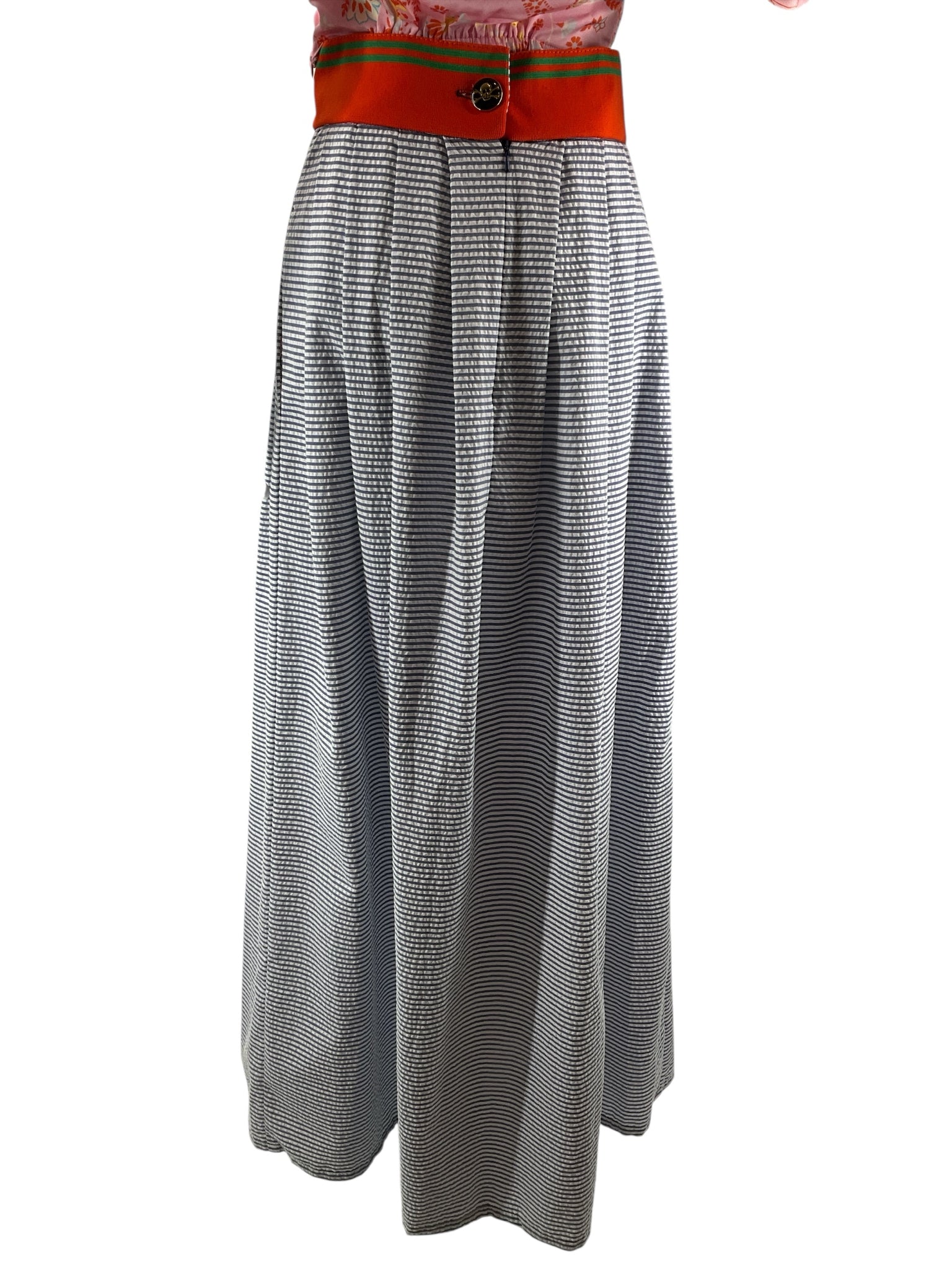 Henry Ferrera Striped Seersucker Maxi Skirt with Orange Waistband Size 1