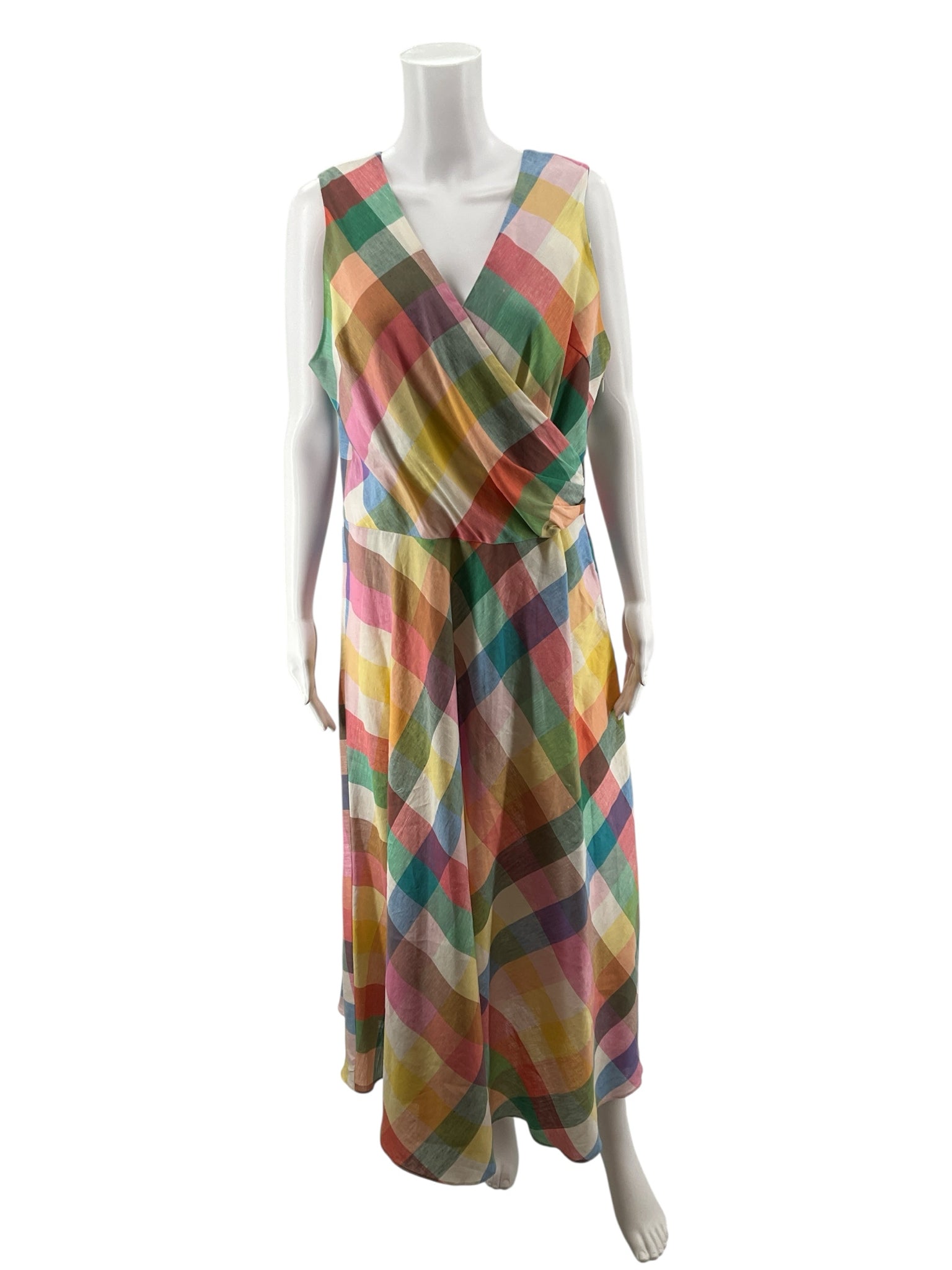 Jude Connally Multi Color Maxi Gingham Linen Blend Surplice Midi Dress Size Large - Size L