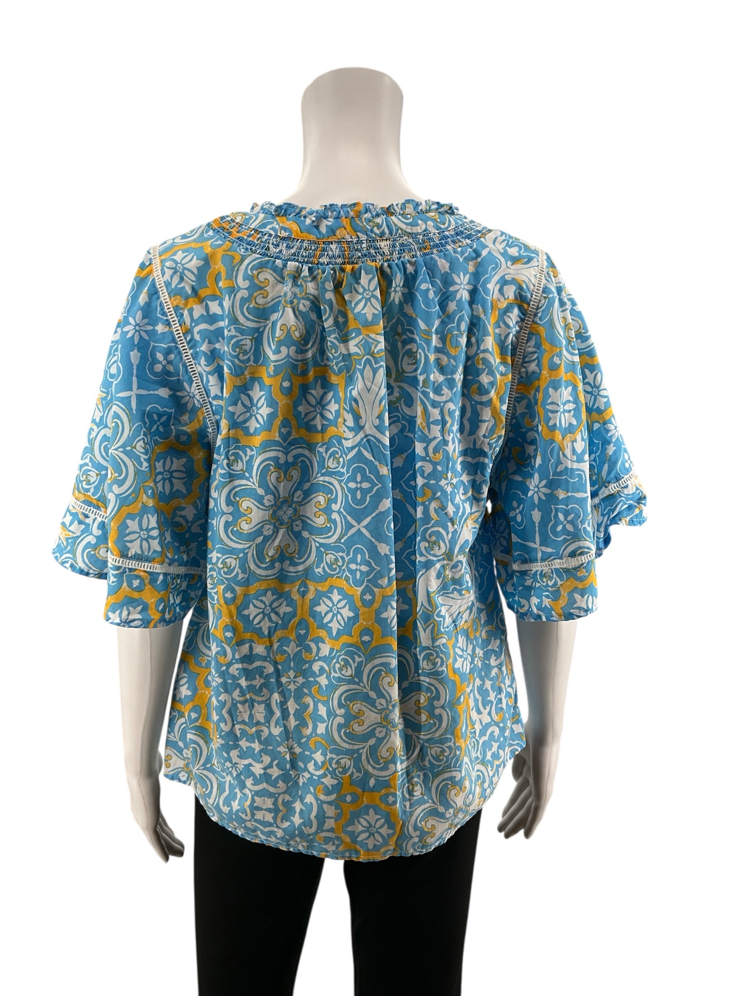 Ann Taylor blue/white/orange Short Sleeve Mosaic Tile Print Smocked Peasant Top Size Small - Size S