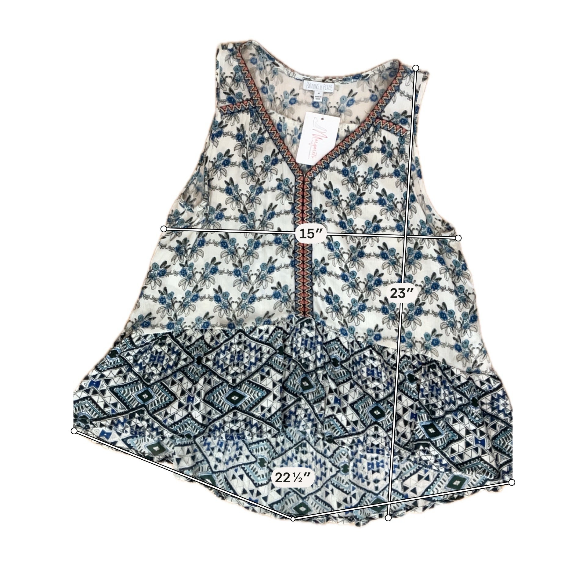Patrons of Peace Floral Braided V-Neck Tunic Top | Size M | Bohemian Rayon Tank