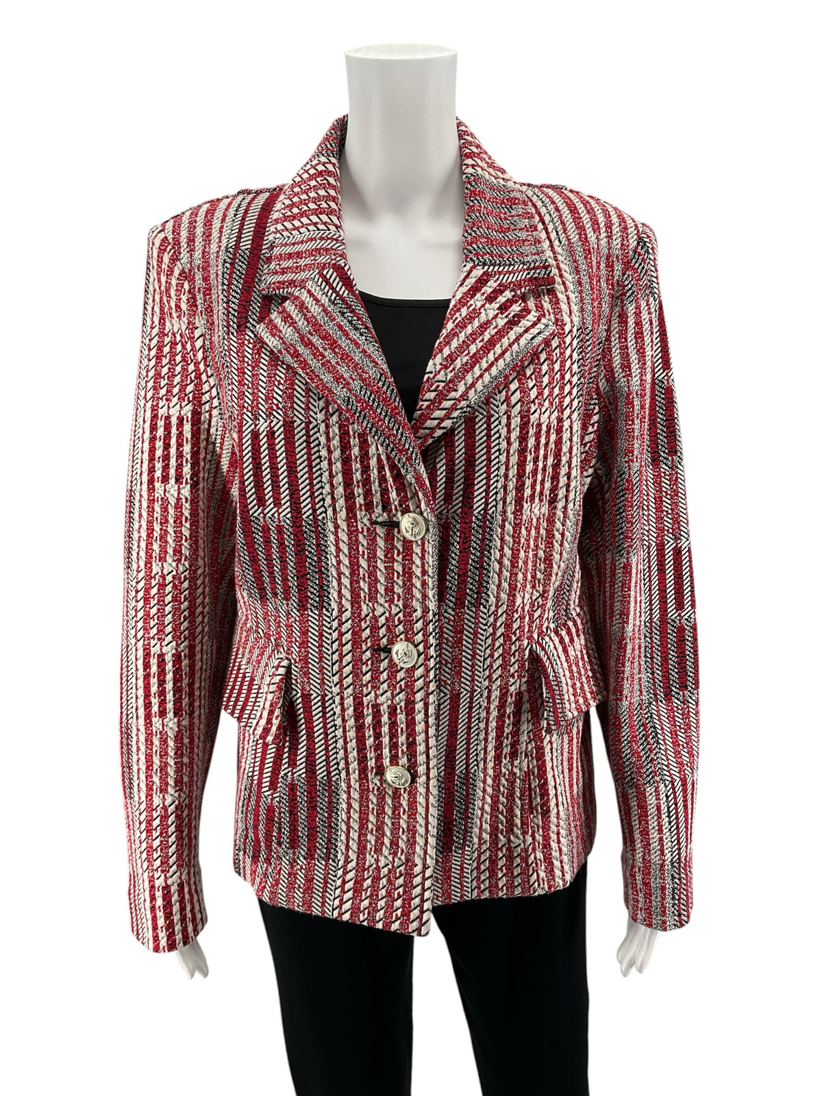 cabi Tuxedo Blazer Red Black White Stripe Boucle Jacket Size Large