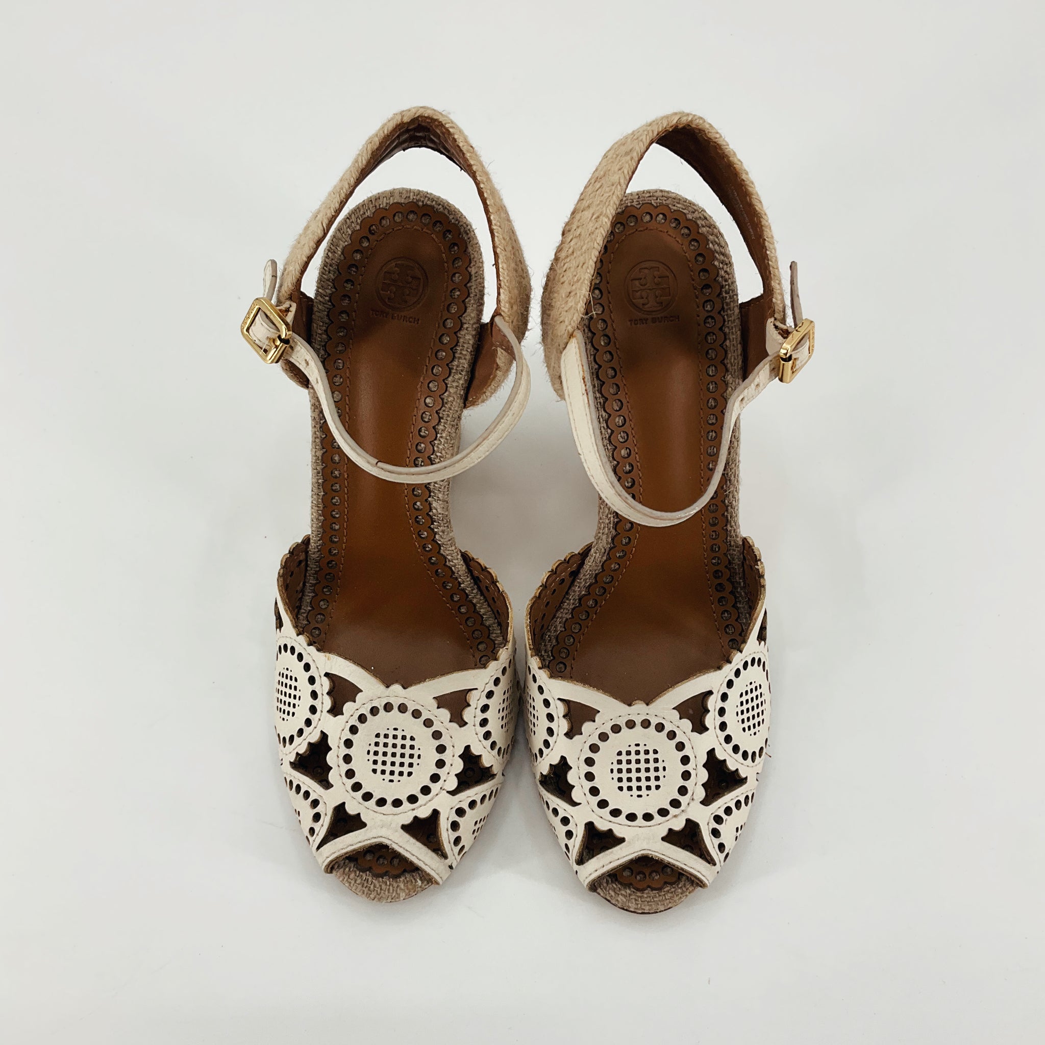 Tory Burch Lacey Perforated Leather Espadrille Wedge Sandals Cream Size 7.5