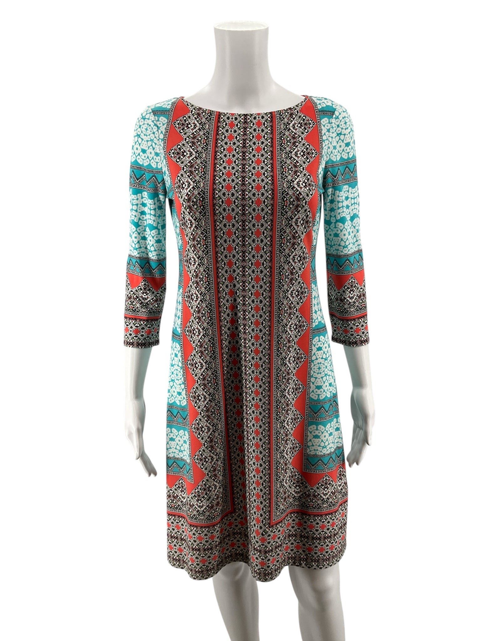 London Times Petite Geometric Border Print Shift Dress Size 4P