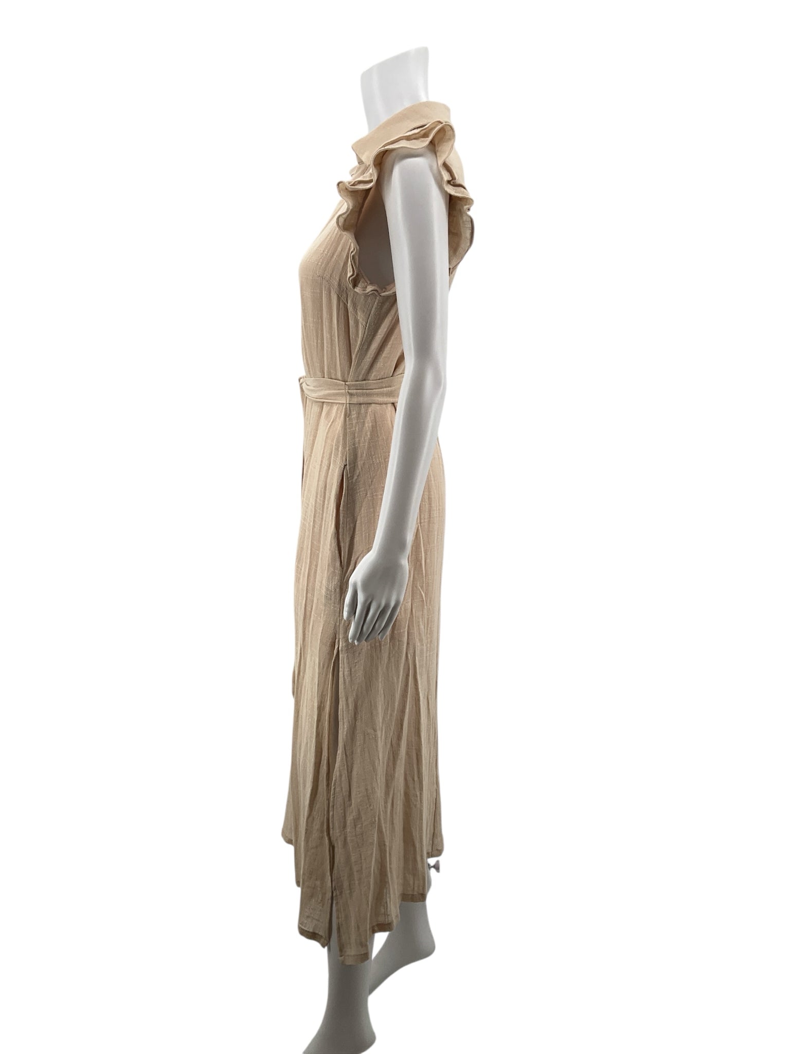 Fate Tan Maxi Tan Cotton Gauze Ruffle Sleeve Button Front Maxi Dress Size Small - Size S