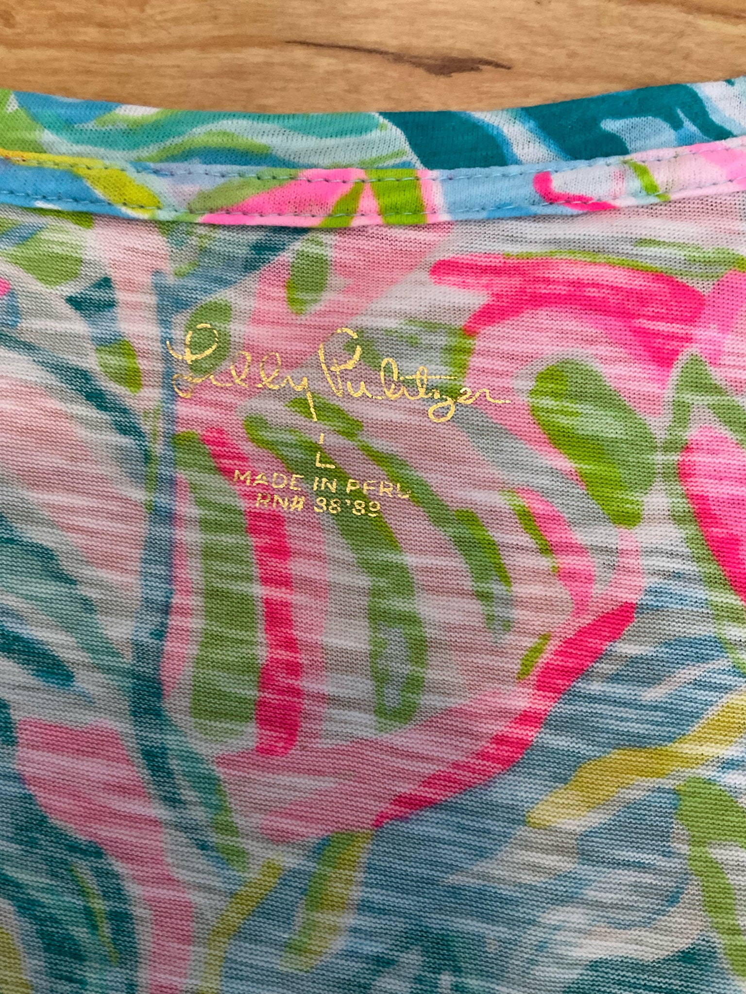 Lilly Pulitzer Michele V-Neck Top Chin Chin Floral Print Pink Turquoise Size Large