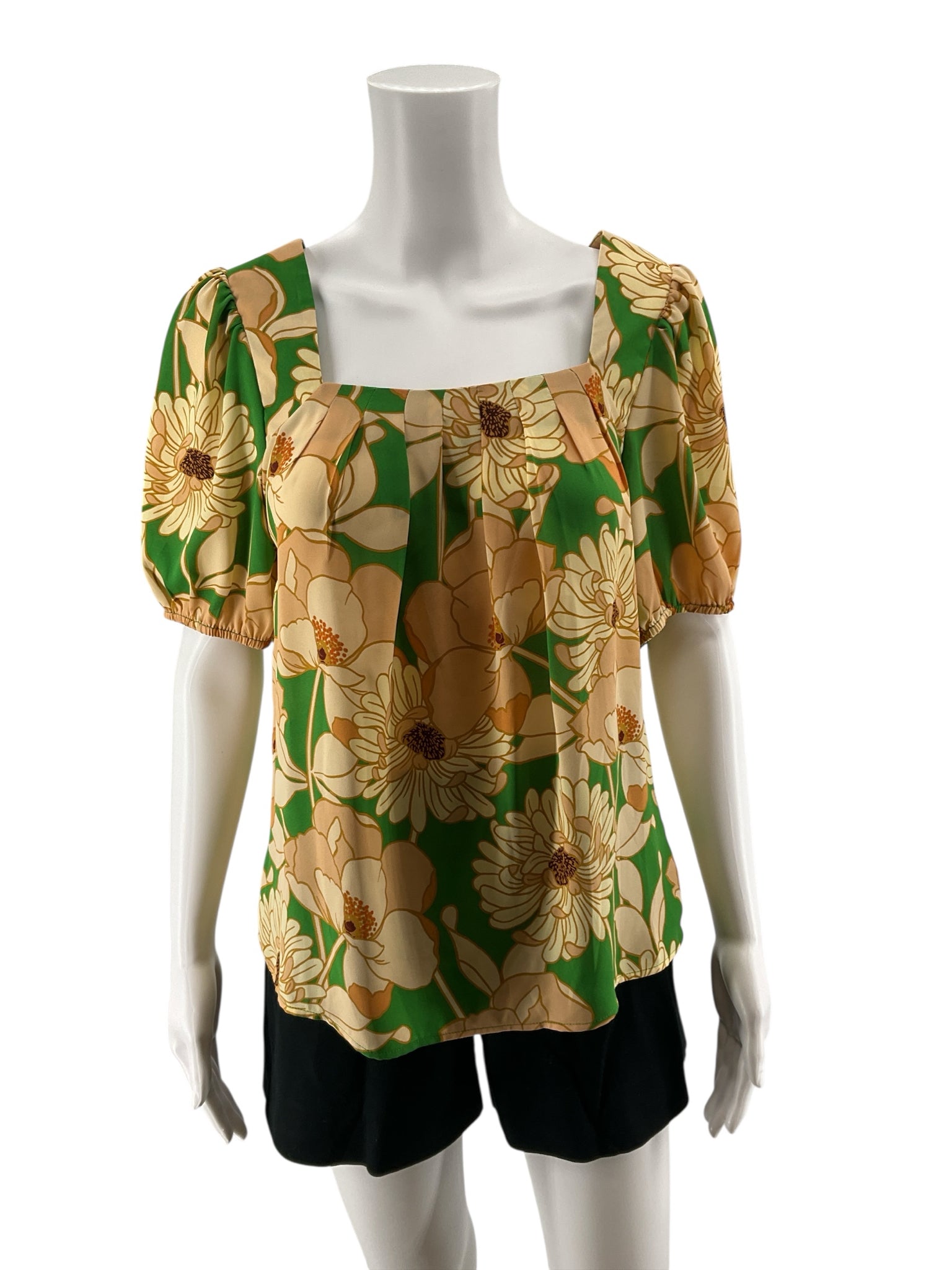 DR2 by Daniel Rainn Floral Puff Sleeve Square Neck Blouse Top XS Green
